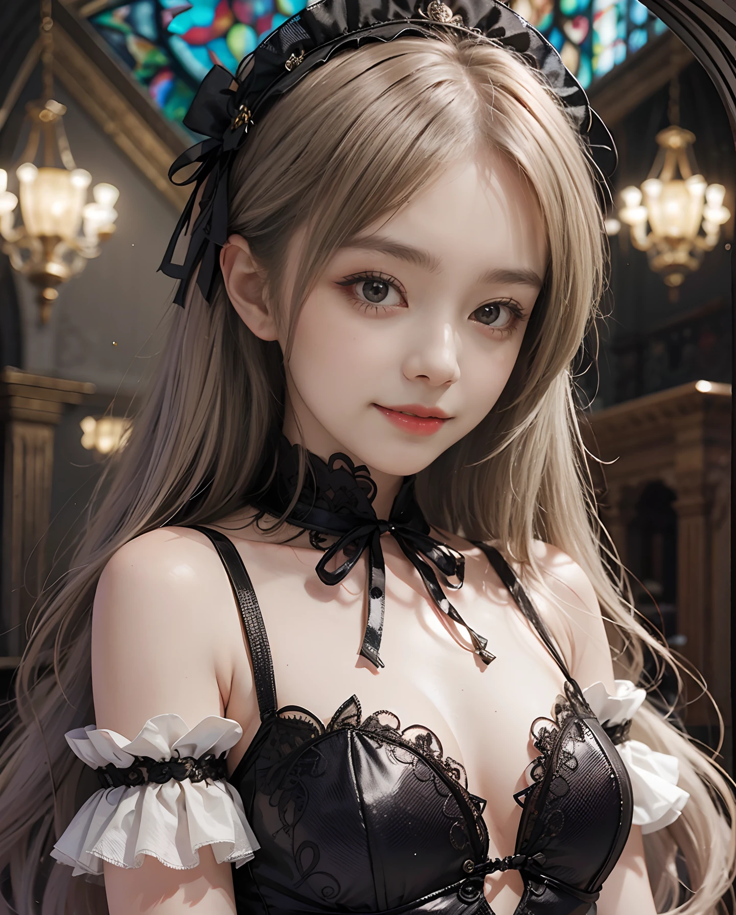 masutepiece、hight resolution、Gothic Lolita costumes、１girl with、9th class、Look at the viewer、smil、Okappa、gothic lorita、The background is a beautiful chandelier inside the castle、Glitter background、Beautiful stained glass museum、the skin is white and transparent