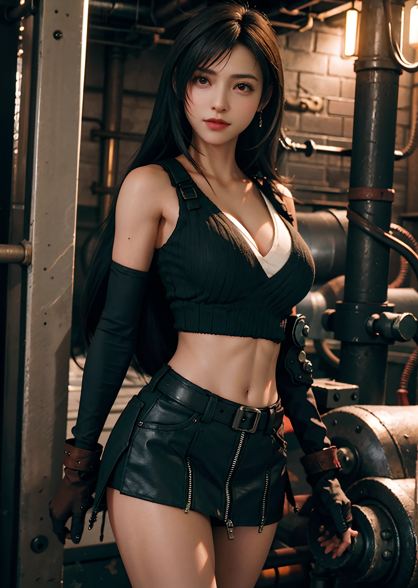 （realisticlying：1.4），top Quority，very fine and beautiful，A high resolution，1 girl standing inside the steel mill，tifa_lockhart，ssmile，cowboy lens，Harnes，Low Waist，mini-skirts，vests，Tension shirts，brunette color hair，long whitr hair，gloves on the elbow，Beautiful detailed red eyes，Face light，cinmatic lighting，nabel，High exposure，Abdominal exposure，the ribs，Abs，（gigantic cleavage breasts：1.2），dynamicposes，dynamic angle，