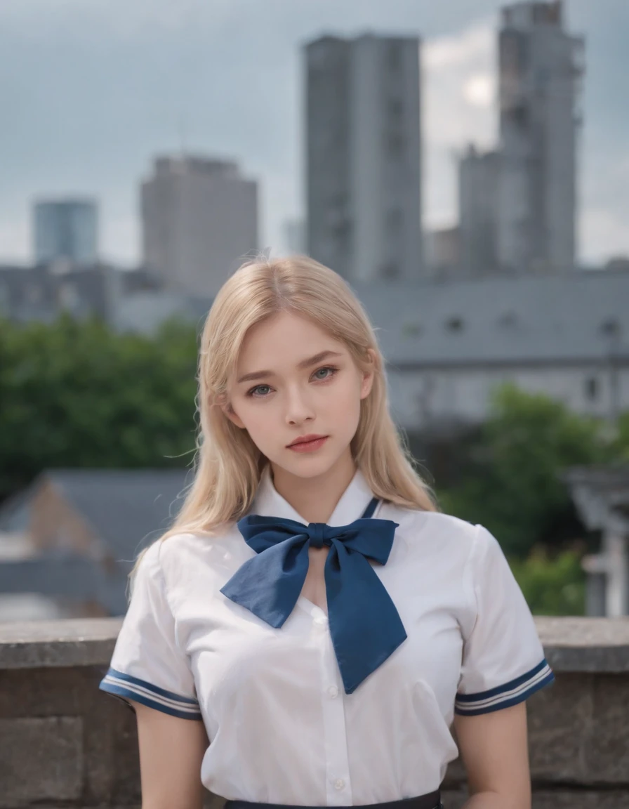 best quality, 1girl, long hair, blonde hair, blue eyes, (japanese school shirt), sailor collar, neckerchief, short sleeves, white skirt, ((upper body)), standing, outdoors, cityscape, streets, buildings