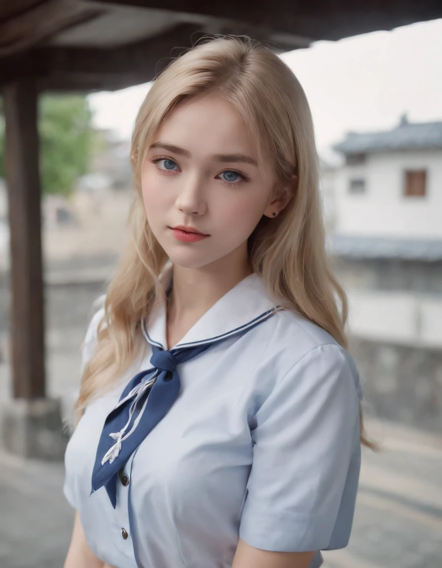 best quality, 1girl, long hair, blonde hair, blue eyes, (japanese school shirt), sailor collar, neckerchief, short sleeves, white skirt, ((upper body)), standing, outdoors, cityscape, streets, buildings
