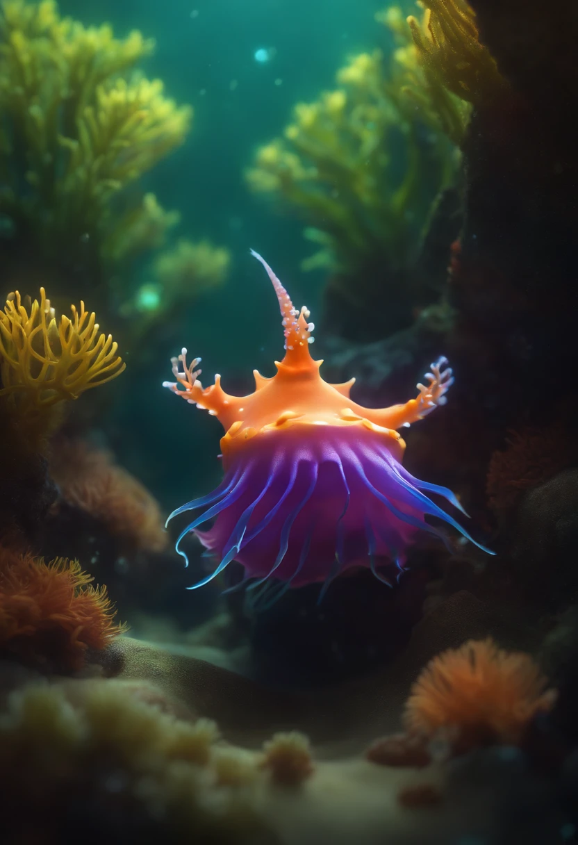 (cute,colorful,Nudibranch:1.1,pixar:1.1,corals:1.2,underwater:1.1),Ghibli studio style,2D illustration,ultra-vivid colors,soft shading,Nudibranch with playful and expressive eyes,naturalistic corals,whimsical underwater scene,dream-like lighting,carefully crafted details,happy and serene ambiance,Noir photography style