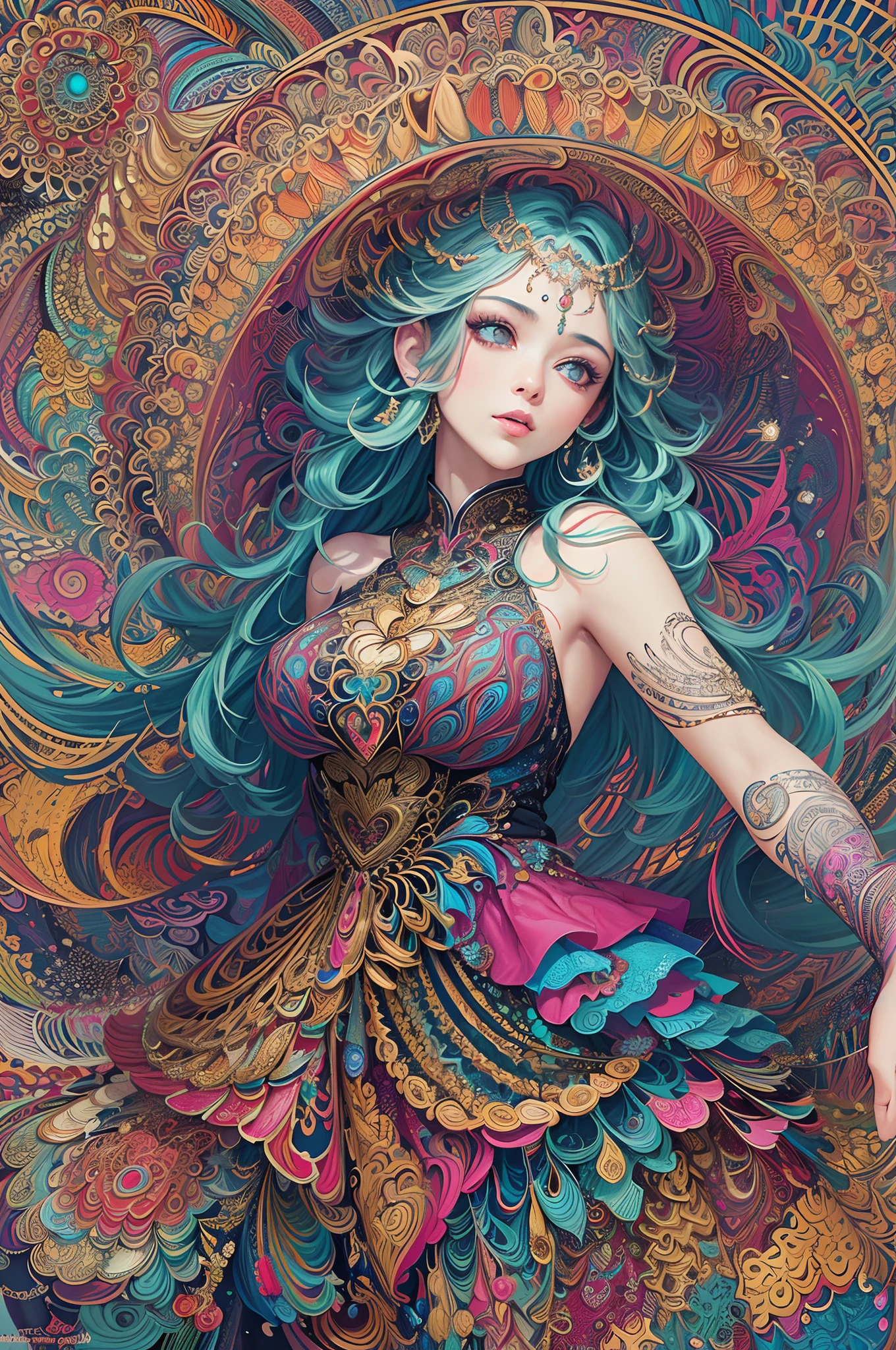 (masterpiece, top quality, best quality, official art, beautiful and aesthetic:1.2), (1girl:1.3), extremely detailed,(fractal art:1.2),colorful,highest detailed,(zentangle:1.2), (dynamic pose), (abstract background:1.5), (treditional dress:1.2), (shiny skin), (many colors:1.4), upper body