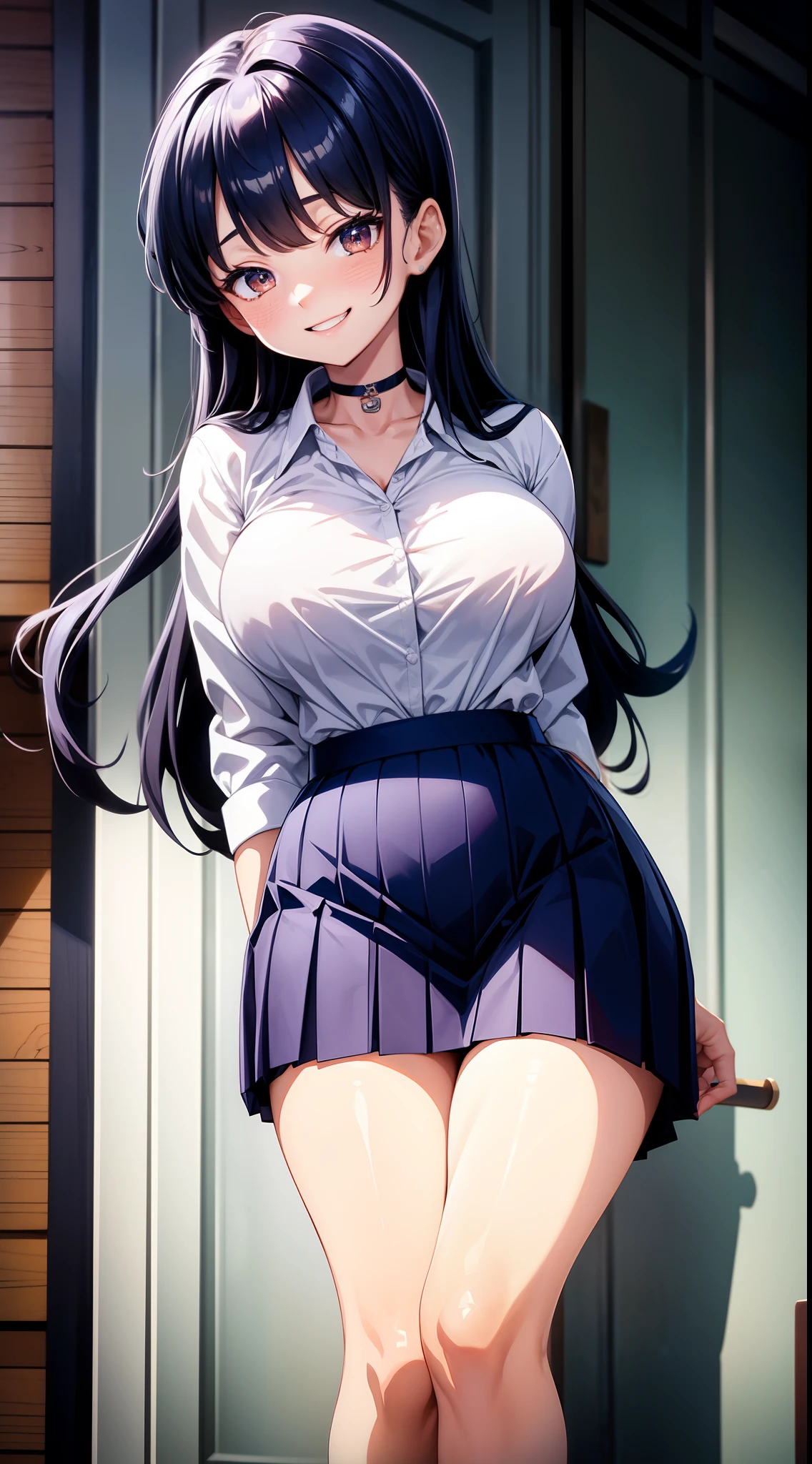8k, highres, ultra detailed, (masterpiece:1.4), best quality, symmetrical body, (white shirt:1.4), (long dark blue skirt:1.4), choker, provocative pose, cute, solo, long hair, dark purple hair, Brown eyes, glow effect, finely eye, wide smile, grinning, detailed face, looking at viewer, smilling at viewer, at school, angled view, big breasts
