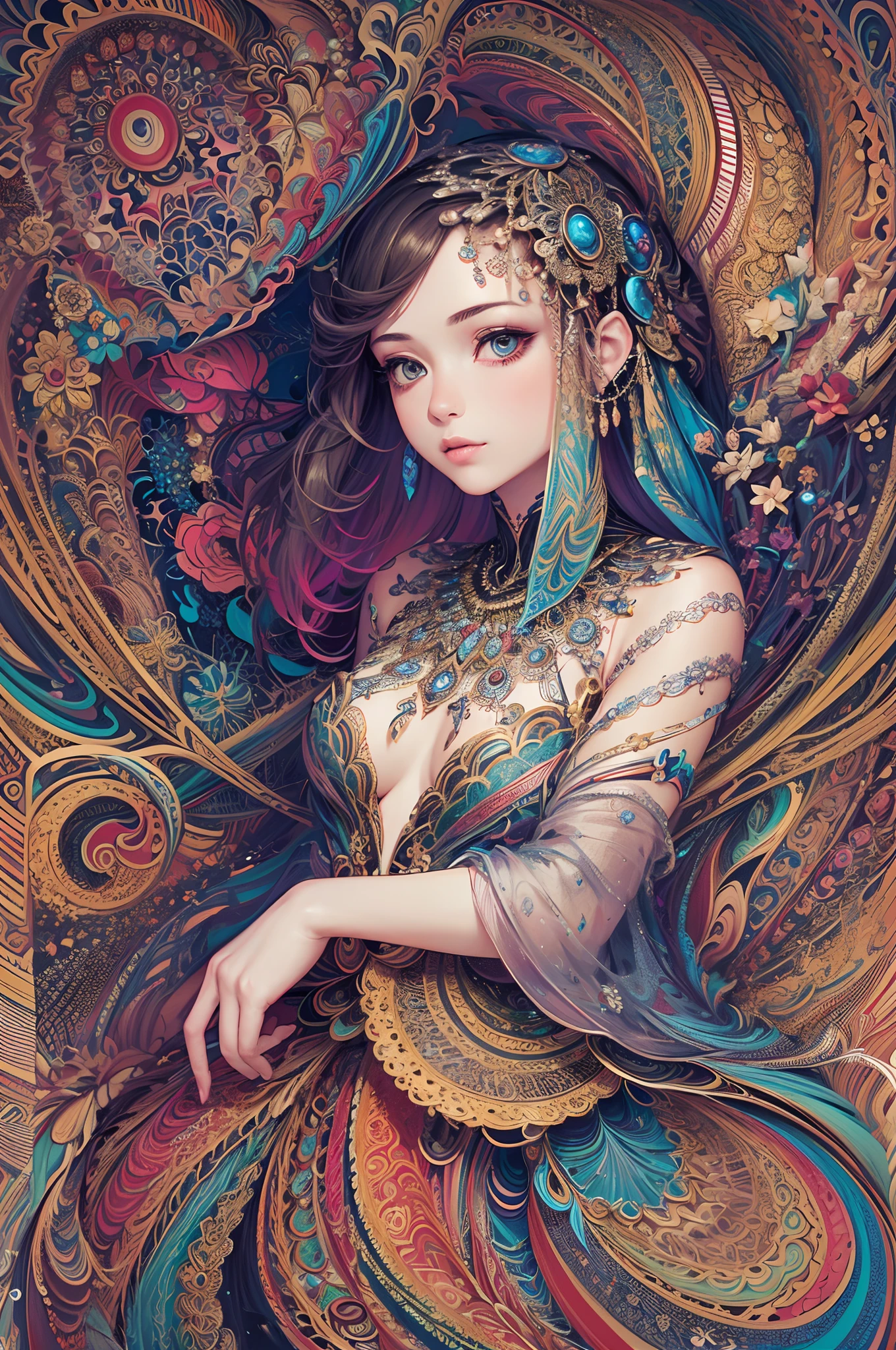 (masterpiece, top quality, best quality, official art, beautiful and aesthetic:1.2), (1girl:1.3), extremely detailed,(fractal art:1.2),colorful,highest detailed,(zentangle:1.2), (dynamic pose), (abstract background:1.5), (treditional dress:1.2), (shiny skin), (many colors:1.4), upper body