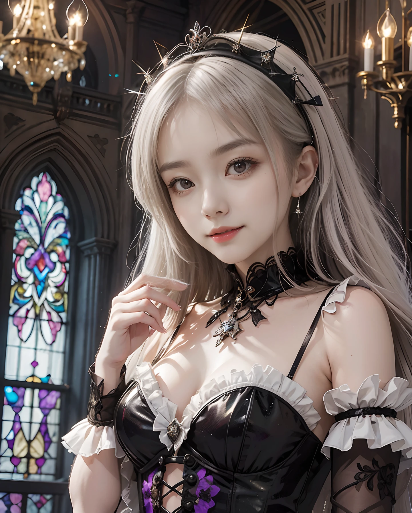 (upper body:1.5), (black theme:1.5), ((black see-through wedding-veil):1.4), ((black latex corset, breast-cup):1.4), (short puff-sleeve:1.3), ((choker):1.3), ((ruffle-skirt):1.4), ((stockings, garter belt):1.3), (black rubber long gloves:1.5), , RAW photo, photorealistic:1.6, Quality:1.5, 8k, Masterpiece:1.3, ultra highres:1.0, Crisp Focus:1.2, Big breasts:1.3, Beautiful Woman with Perfect Figure, Highly Detailed Face and Skin Texture, Detailed Eyes, Double Eyelids, perfect face balance, silver hair, smile, beautiful studio soft light, rim light, vibrant details, hyper realistic, octane render, detailed beautiful skin, realistic skin, (in a beautiful church:1.2)