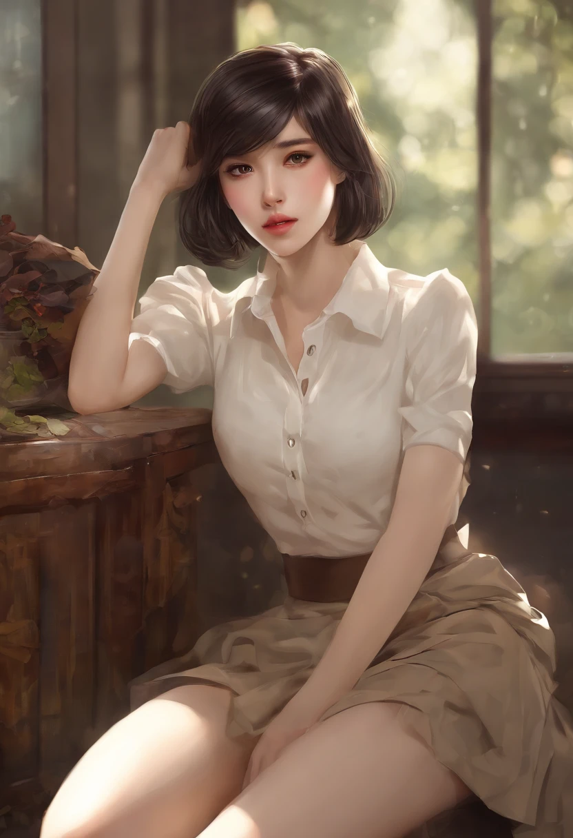 cute anime girl, pixie cut, perfect body, younger, hazel eyes, black hair, huge breasts, skinny, narrow waist,, sitting, crossed legs, white panties, collared shirt, pleated skirt, midriff, soft smile, facing viewer, (tan skin:1.3), crotch shot, messy hair, smiling, looking at viewer, sitting on bed, long sleeves, seamless clothes, asymmetrical bangs,