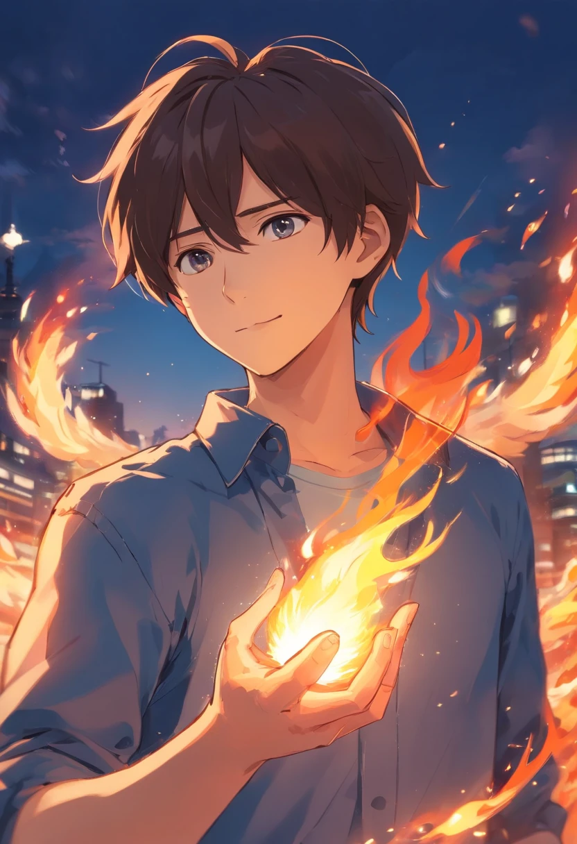 The handsome man with a side face smiled，Look at the flame in your hand，Line drawings，Gentle eyes，Anime line drawing，sketching，Draft style，line art，black andwhite