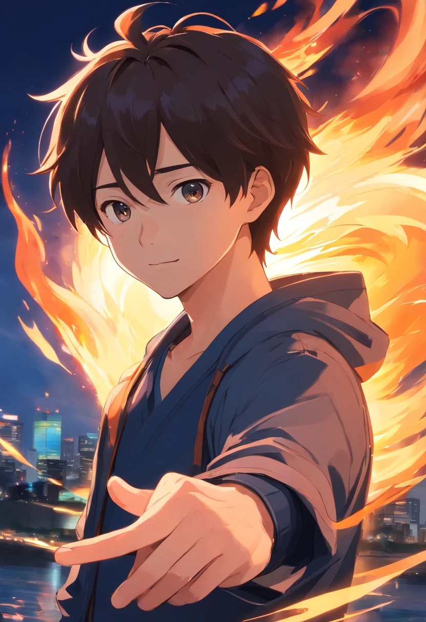 The handsome man with a side face smiled，Look at the flame in your hand，Line drawings，Gentle eyes，Anime line drawing，sketching，Draft style，line art，black andwhite
