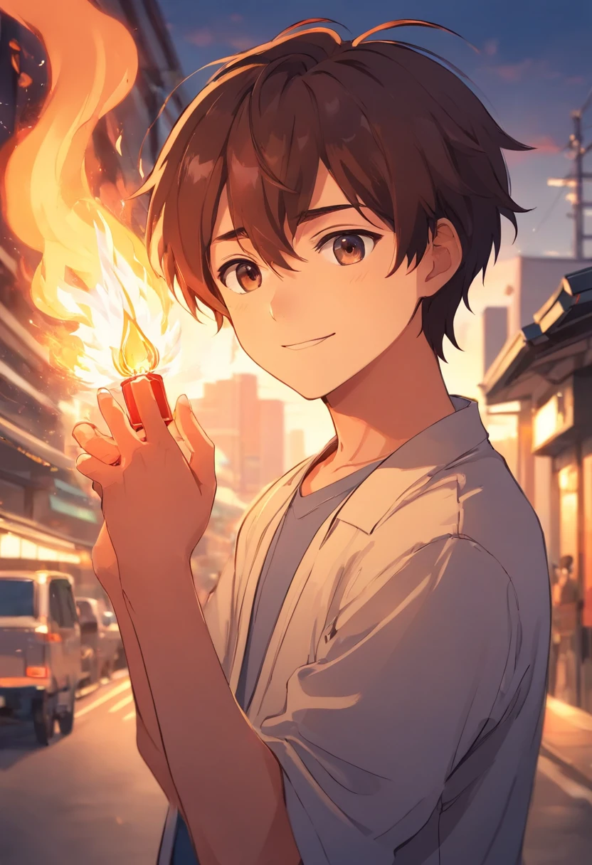 The handsome man with a side face smiled，Look at the flame in your hand，Line drawings，Gentle eyes，Anime line drawing，sketching，Draft style，line art，black andwhite
