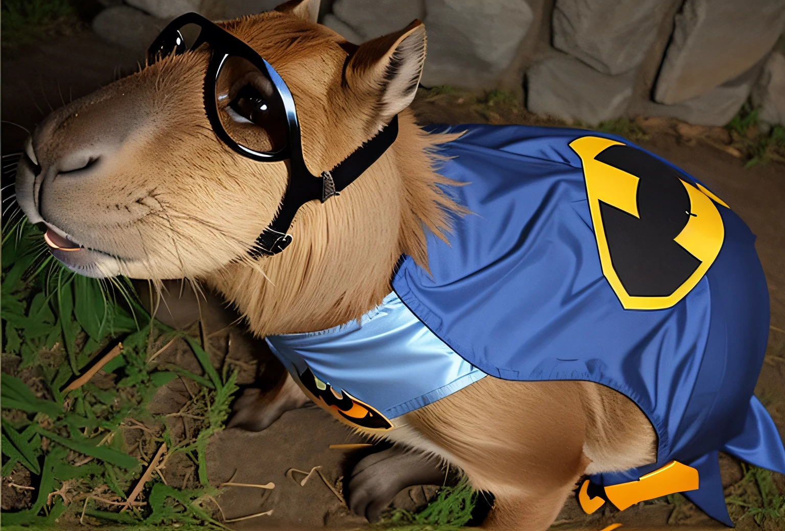 Funny capybara wearing glasses, Batman costume and hat