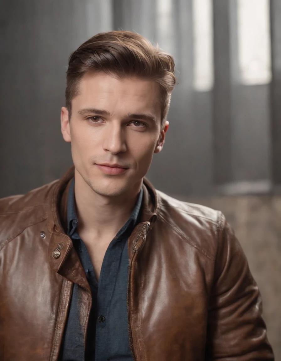 a man wearing a brown leather jacket in the style of meticulous design, andrzej sykut, uhd image, clockpunk, studio photography, website, exacting precision (medium close-up)