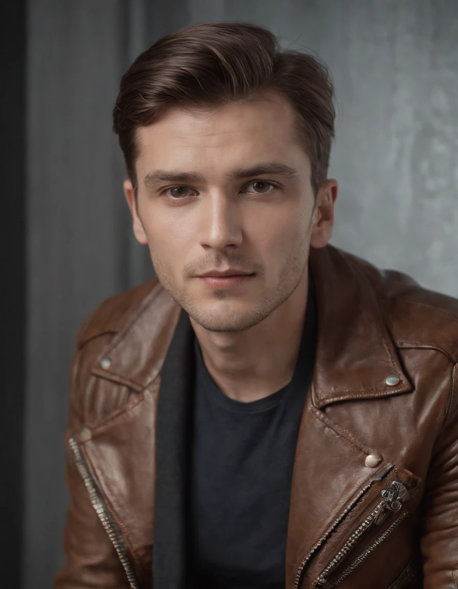 a man wearing a brown leather jacket in the style of meticulous design, andrzej sykut, uhd image, clockpunk, studio photography, website, exacting precision (medium close-up)