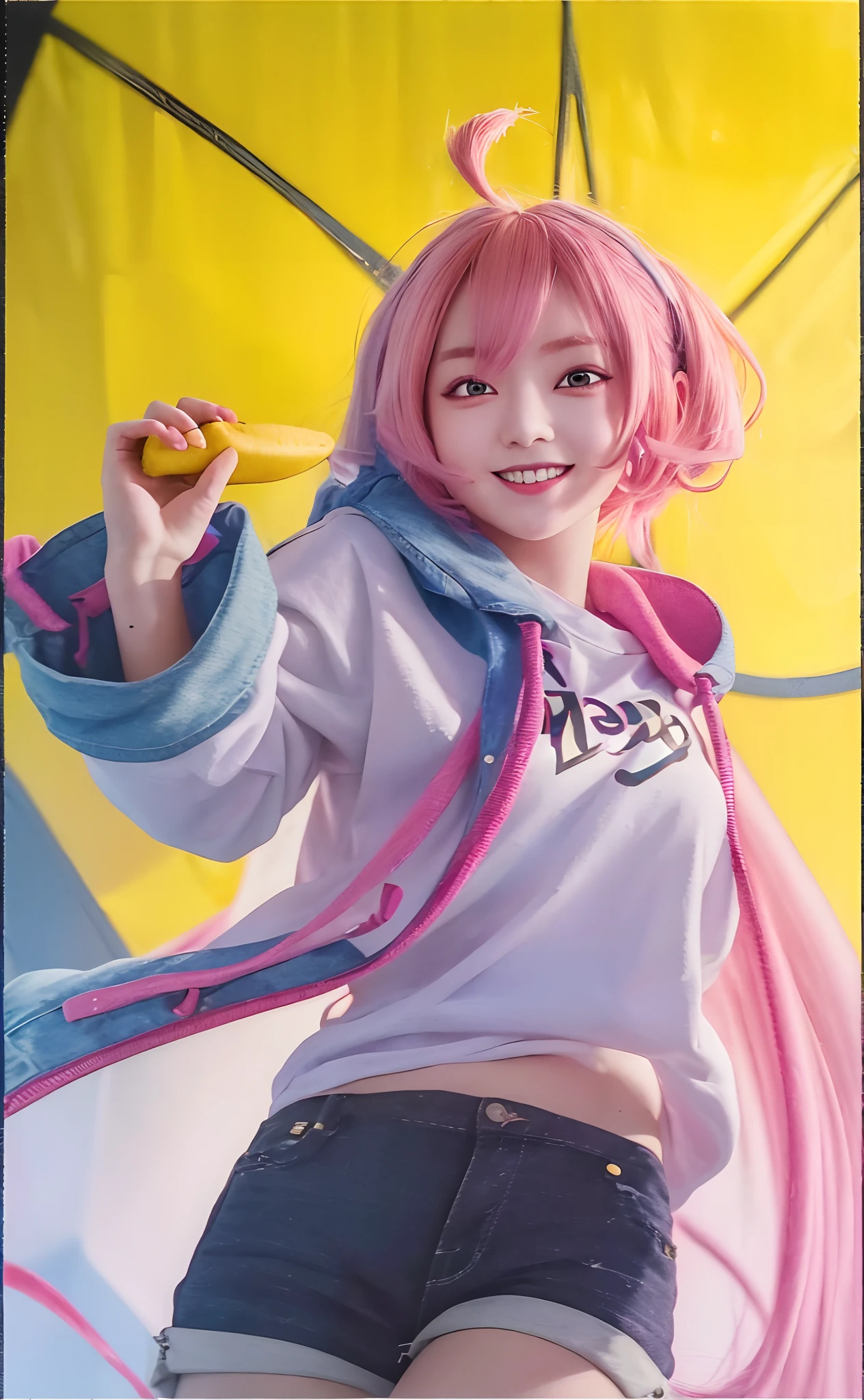 Anime character with a banana in his mouth, eating ice - cream, In an anime style, marin kitagawa fanart, by Naka Bokunen, In anime style, In a Japanese anime style, banana color, she is eating a peach, colored sketch, made with anime painter studio, high quality colored sketch, Eating ice cream, banana in, Ecchi anime style