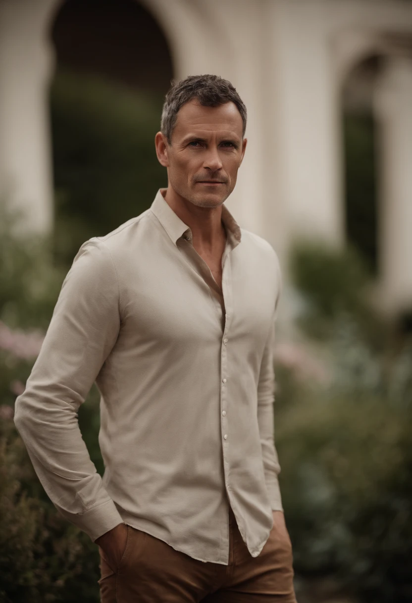 Cinematographic portrait , Un homme Handom, Grand et en forme, (40 ans:1.1), (shaven:1.2), (very short brown hair a little curly:1.5),(very short hair:1.6). costume moulant noir, chemise blanche . minimalist background, Composition propre, Strong details, muted colors, Hasselblad, style brut