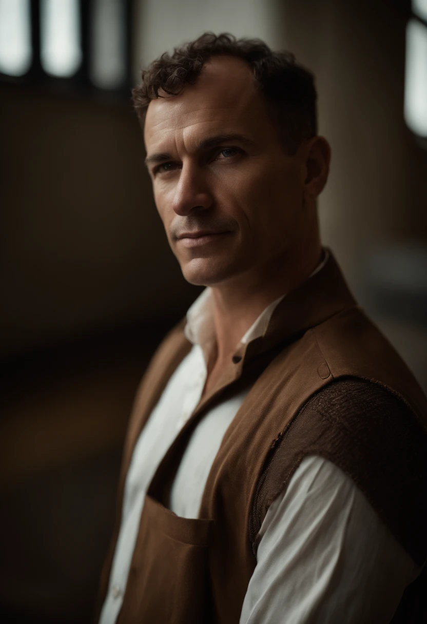 Cinematographic portrait , Un homme Handom, Grand et en forme, (40 ans:1.1), (shaven:1.2), (very short brown hair a little curly:1.5),(very short hair:1.6). costume moulant noir, chemise blanche . minimalist background, Composition propre, Strong details, muted colors, Hasselblad, style brut