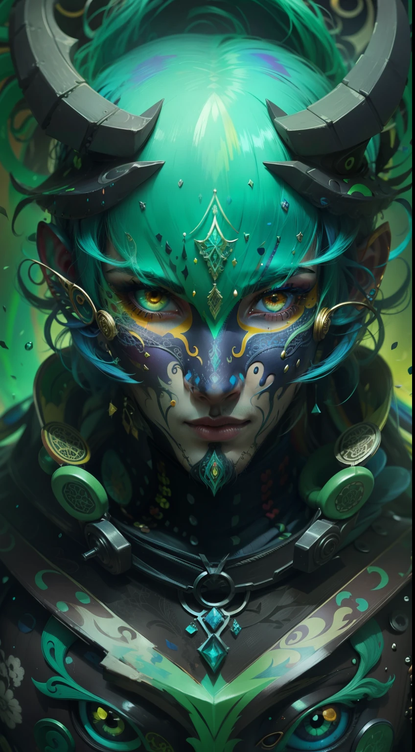 Full face, intricate details face, many colorful, rainbow, psychedelic details, chaos,handsome, charming, m