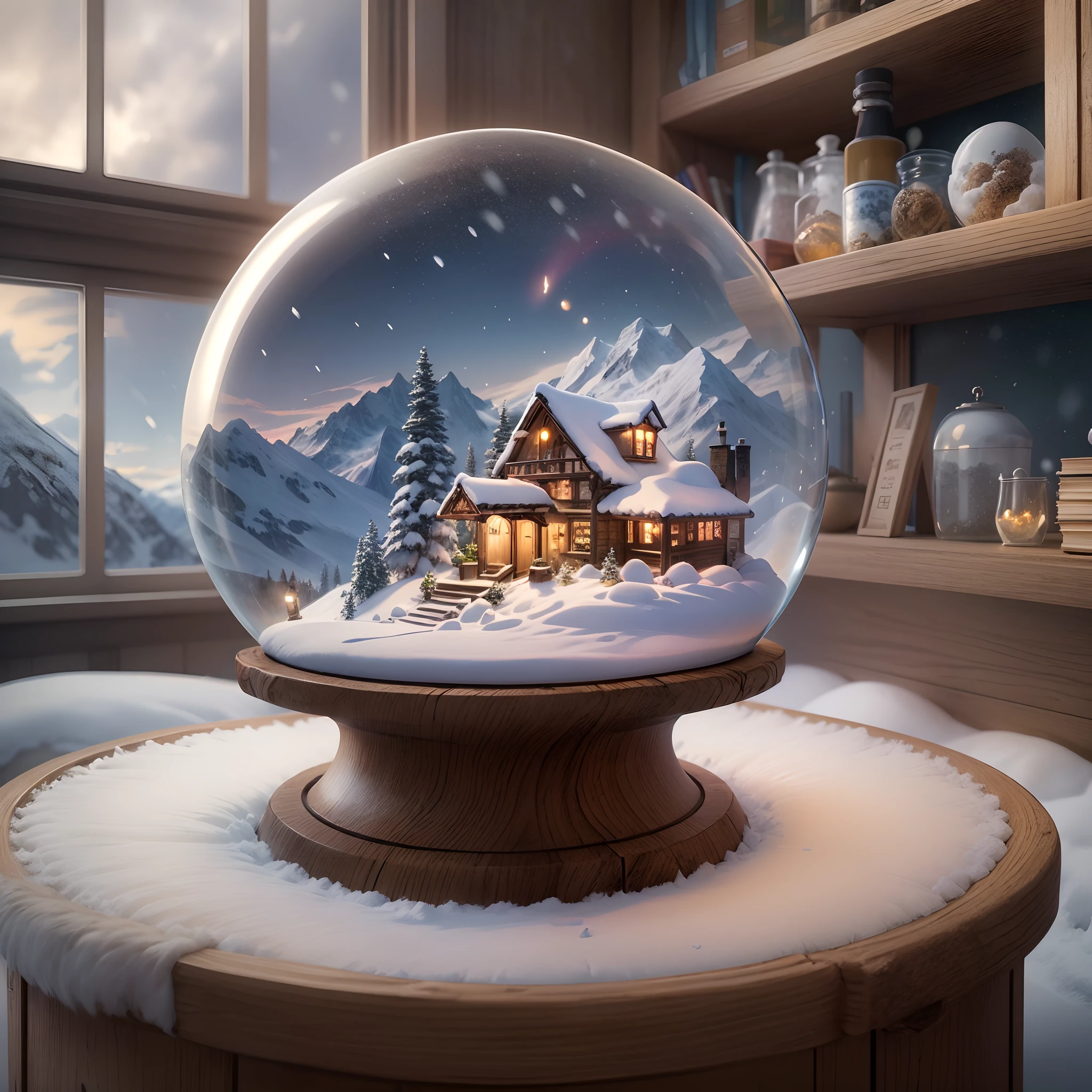 Snow globe on wooden product shelf, (Snow globe:1.4),Luxurious pedestal, (snow mountains: 1.1), mountain hut, chimney, Smoke, (snowman: 1.1), mountain hut, snowfall, Night, Starry sky, White rabbit,(8K, 16 K, awardwinning, hight resolution, Best Quality, high details:1.2, Anatomically correct, masutepiece:1.3)