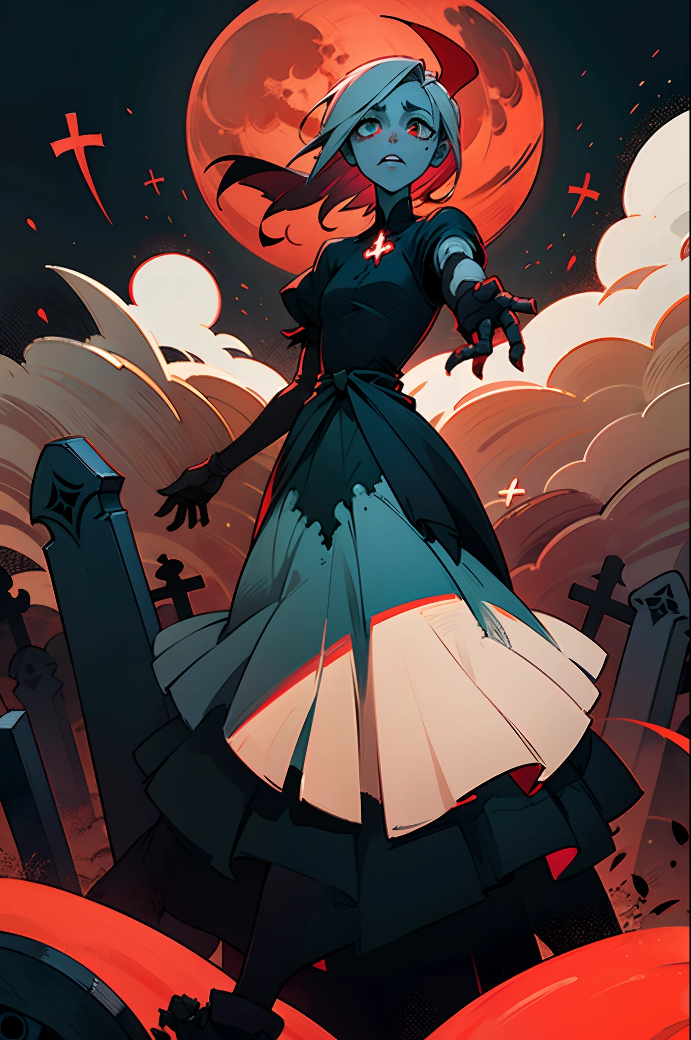 Ultra Detailed, ((Exquisite and beautiful)),(Zombie girl), (Red spell on yellow background),midnight,Dark Landscape,Graveyard at night
