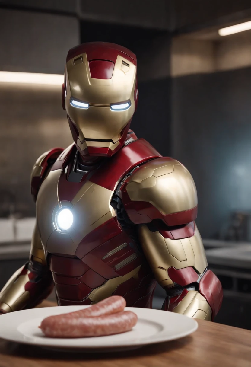 Marvel's somber half-length portrait of Iron Man behind a table with a plate of sausages, with intricate angular cybernetic implants within a futuristic kitchen, cyberpunk, Foto premiada, Neon lights, cybernetic limb, obra maestra, UHD, 32K, ultrarrealista, HQ 4K, Renderizado en Unreal Engine 4K HQ, Renderizado en Unreal Engine 4K HQ, Arte conceptual 4K e hiperrealismo, Renderizado 4K detallado, Ironman, ArtStation 4K, Renderizado 4K de alto detalle, Tendencias 4K en la sede de ArtStation, Extremadamente fotorrealista