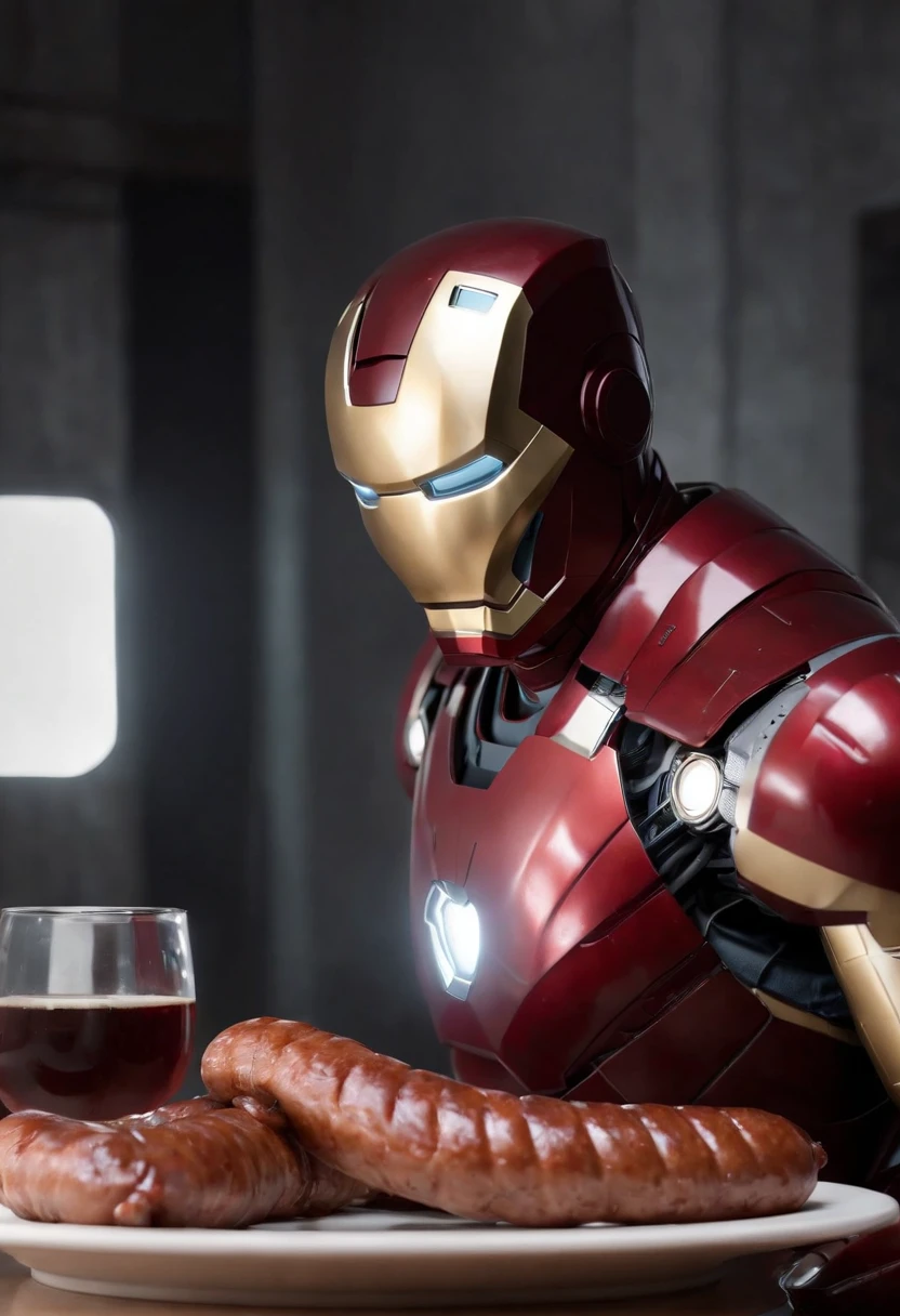 Marvel's somber half-length portrait of Iron Man behind a table with a plate of sausages, with intricate angular cybernetic implants within a futuristic kitchen, cyberpunk, Foto premiada, Neon lights, cybernetic limb, obra maestra, UHD, 32K, ultrarrealista, HQ 4K, Renderizado en Unreal Engine 4K HQ, Renderizado en Unreal Engine 4K HQ, Arte conceptual 4K e hiperrealismo, Renderizado 4K detallado, Ironman, ArtStation 4K, Renderizado 4K de alto detalle, Tendencias 4K en la sede de ArtStation, Extremadamente fotorrealista