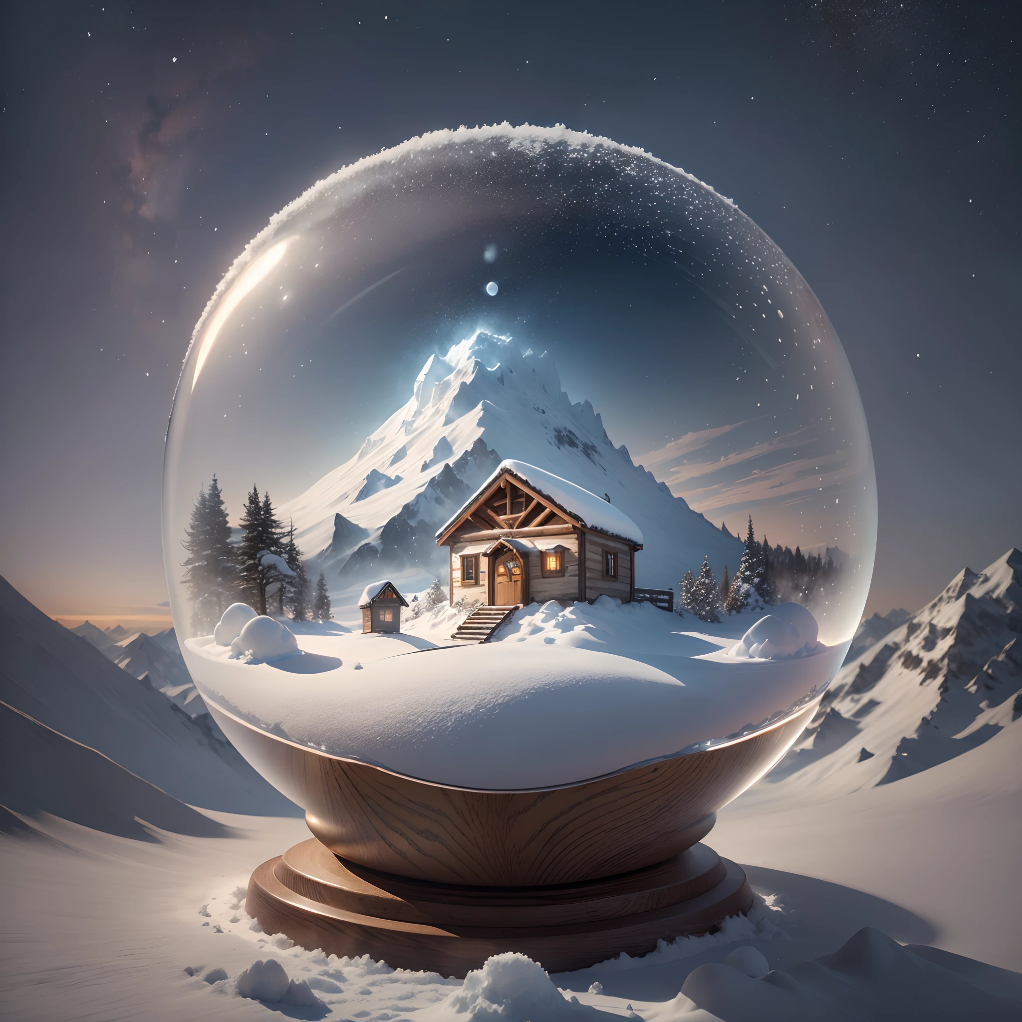 (Snow globe:1.4),Luxurious pedestal, (snow mountains: 1.1), mountain hut, chimney, Smoke, (snowman: 1.2), mountain hut, snowfall, Night, Starry sky, White rabbit,(8K, 16 K, awardwinning, hight resolution, Best Quality, high details:1.2, Anatomically correct, masutepiece:1.3)