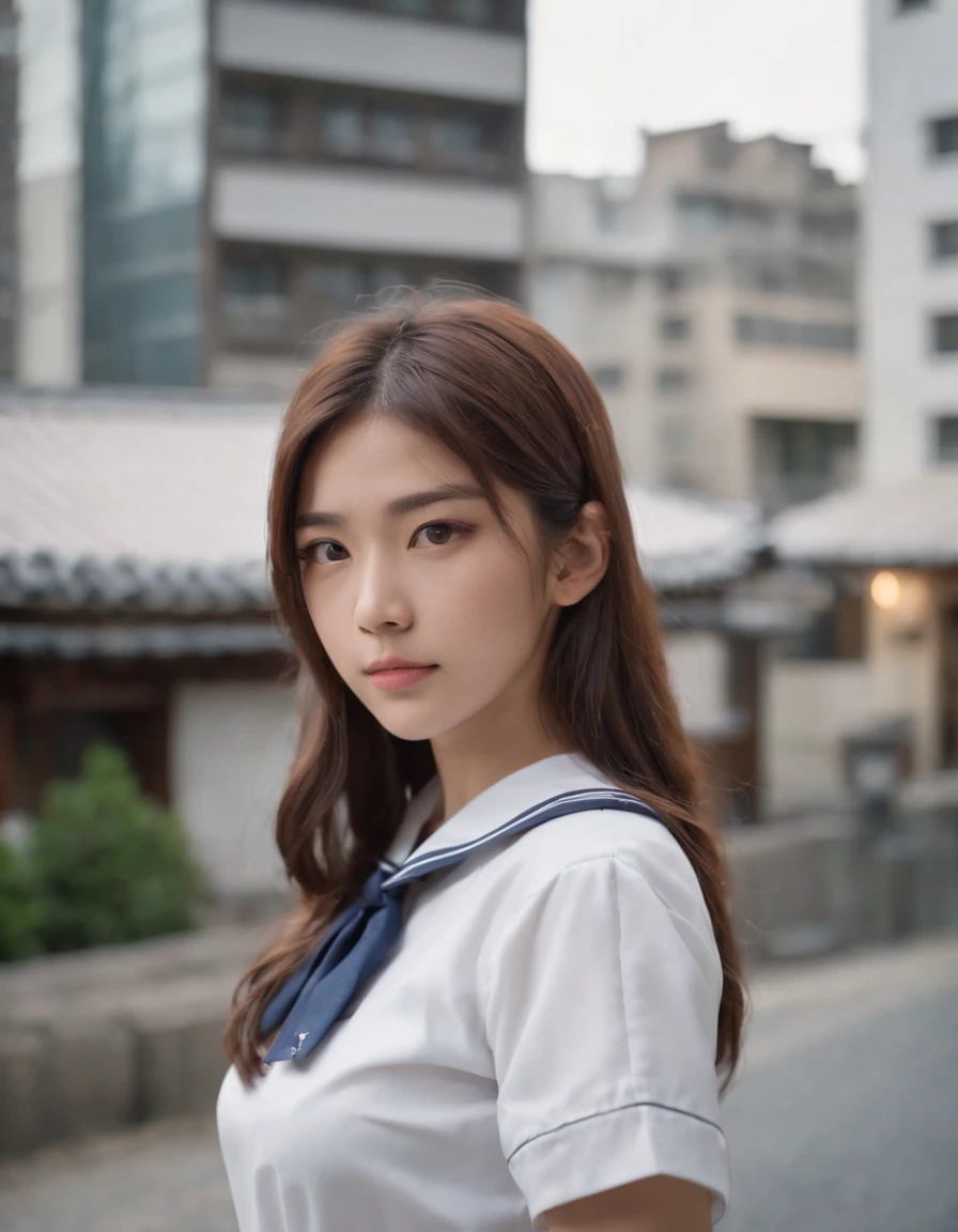 best quality, 1girl, long hair, beautiful eyes, ((japanese school shirt)), sailor collar, neckerchief, short sleeves, white skirt, ((upper body)), standing, outdoors, cityscape, streets, buildings