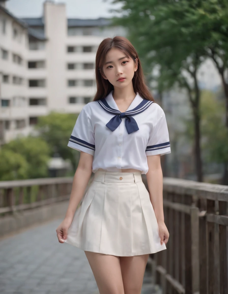 best quality, 1girl, long hair, beautiful eyes, ((japanese school shirt)), sailor collar, neckerchief, short sleeves, white skirt, ((upper body)), standing, outdoors, cityscape, streets, buildings