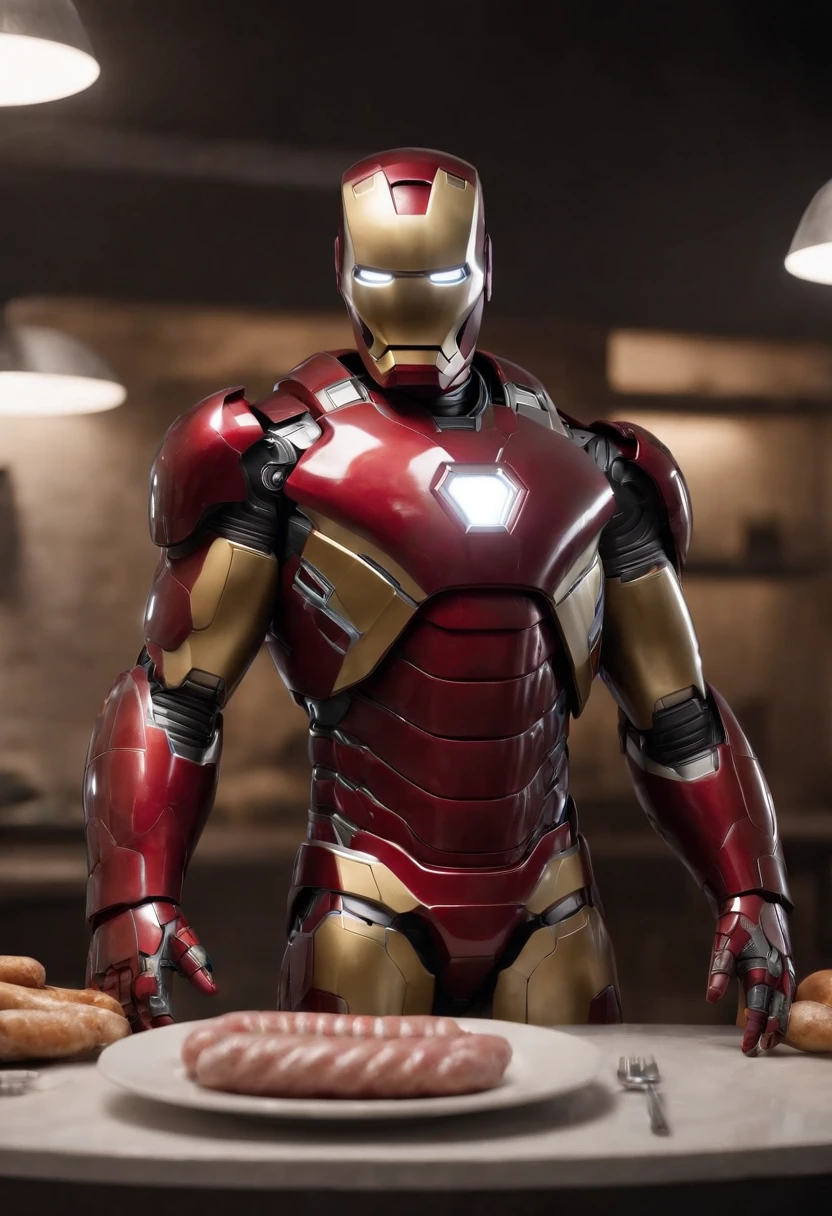 Marvel's somber half-length portrait of Iron Man behind a table with a plate of sausages, with intricate angular cybernetic implants within a futuristic kitchen, cyberpunk, Foto premiada, Neon lights, cybernetic limb, obra maestra, UHD, 32K, ultrarrealista, HQ 4K, Renderizado en Unreal Engine 4K HQ, Renderizado en Unreal Engine 4K HQ, Arte conceptual 4K e hiperrealismo, Renderizado 4K detallado, Ironman, ArtStation 4K, Renderizado 4K de alto detalle, Tendencias 4K en la sede de ArtStation, Extremadamente fotorrealista