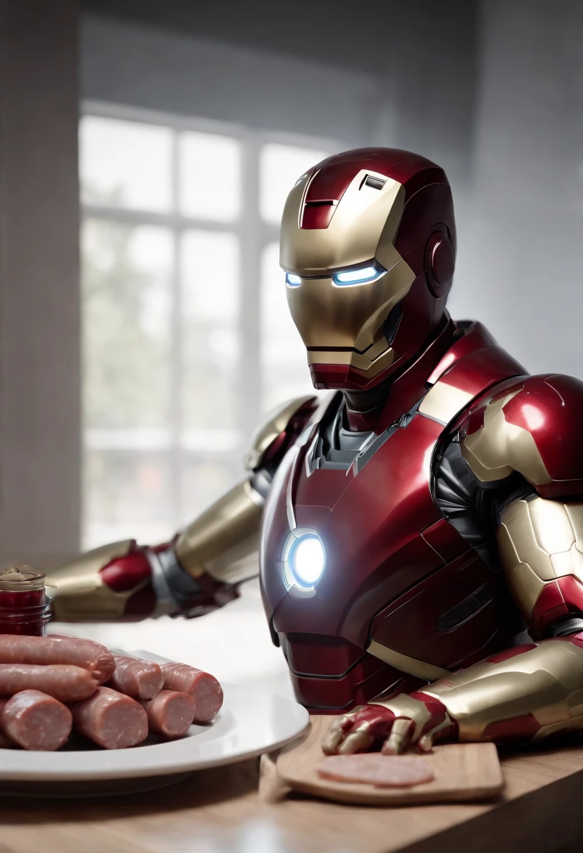 Marvel's somber half-length portrait of Iron Man behind a table with a plate of sausages, with intricate angular cybernetic implants within a futuristic kitchen, cyberpunk, Foto premiada, Neon lights, cybernetic limb, obra maestra, UHD, 32K, ultrarrealista, HQ 4K, Renderizado en Unreal Engine 4K HQ, Renderizado en Unreal Engine 4K HQ, Arte conceptual 4K e hiperrealismo, Renderizado 4K detallado, Ironman, ArtStation 4K, Renderizado 4K de alto detalle, Tendencias 4K en la sede de ArtStation, Extremadamente fotorrealista