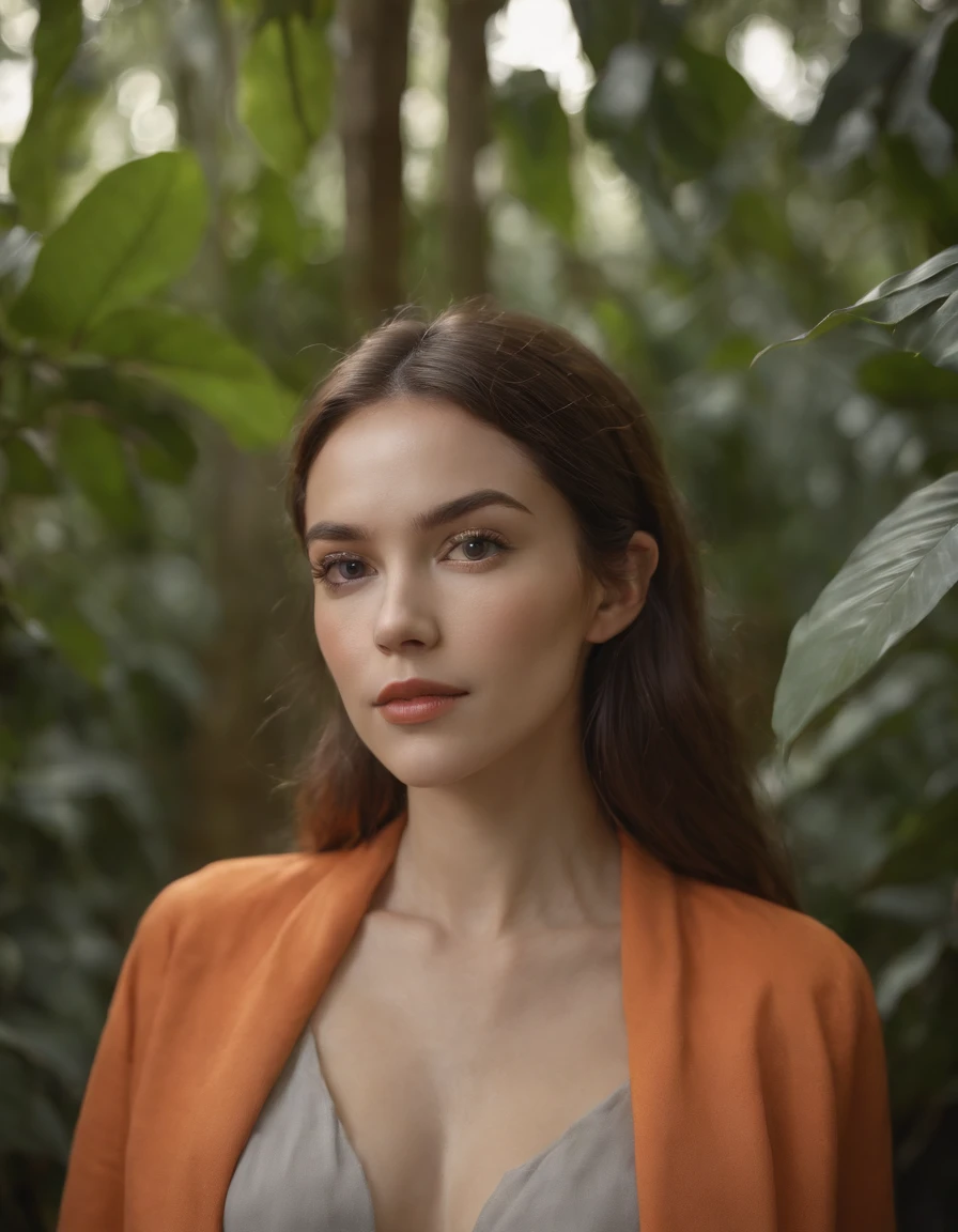 Jungle, dark orange and light gray style, transcendent dream, Hasselblad h6d-400c, backlight photography, photo taken with provia, emotional expressionism elegant posture (upper body)