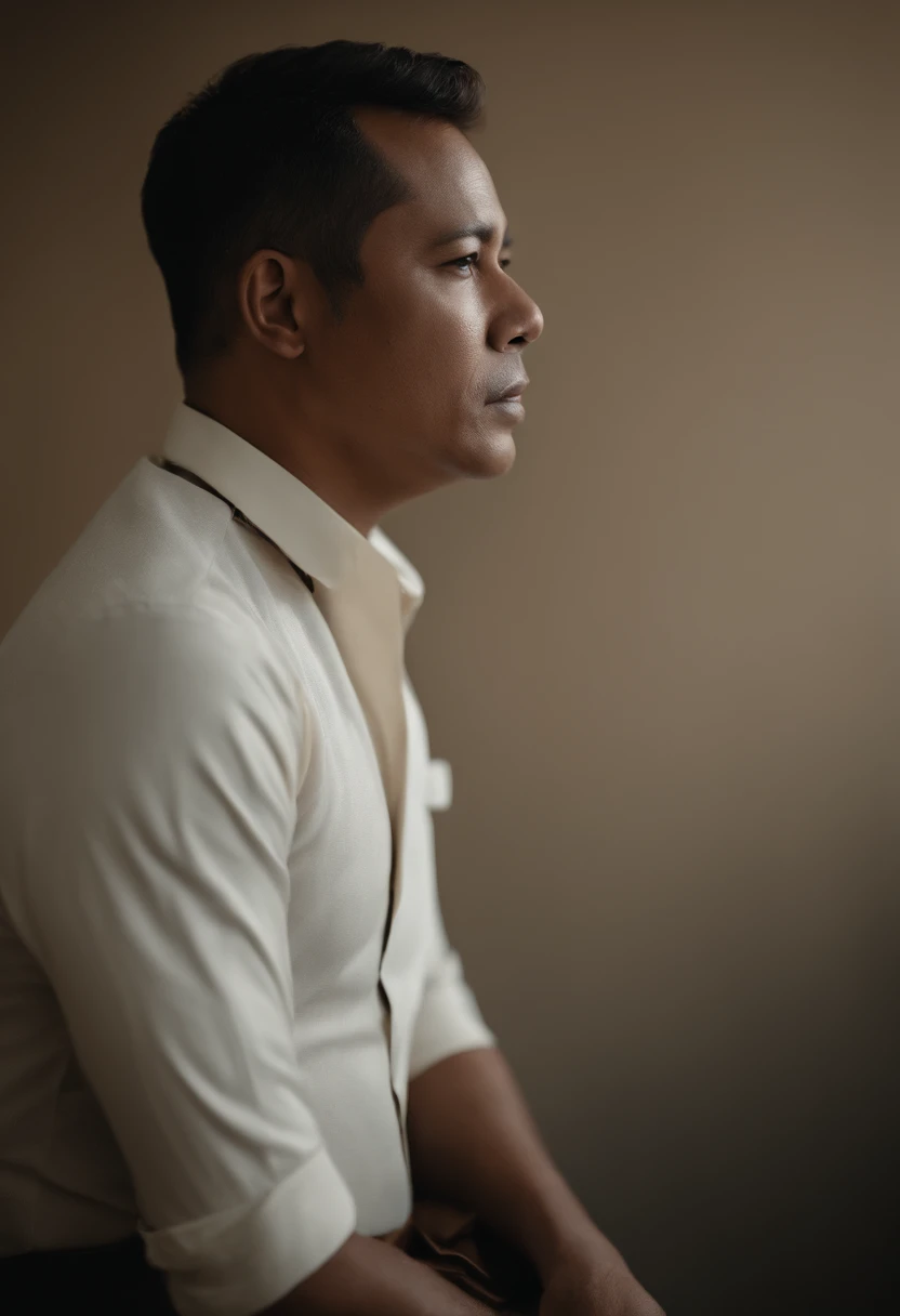 Cinematographic portrait, Indonesian fat bally man , Un homme Handom, Grand et en forme, (40 ans:1.1), (shaven:1.2), (very short brown hair :1.5),(very short hair:1.6). costume moulant noir, chemise blanche . minimalist background, Composition propre, Strong details, muted colors, Hasselblad, style brut