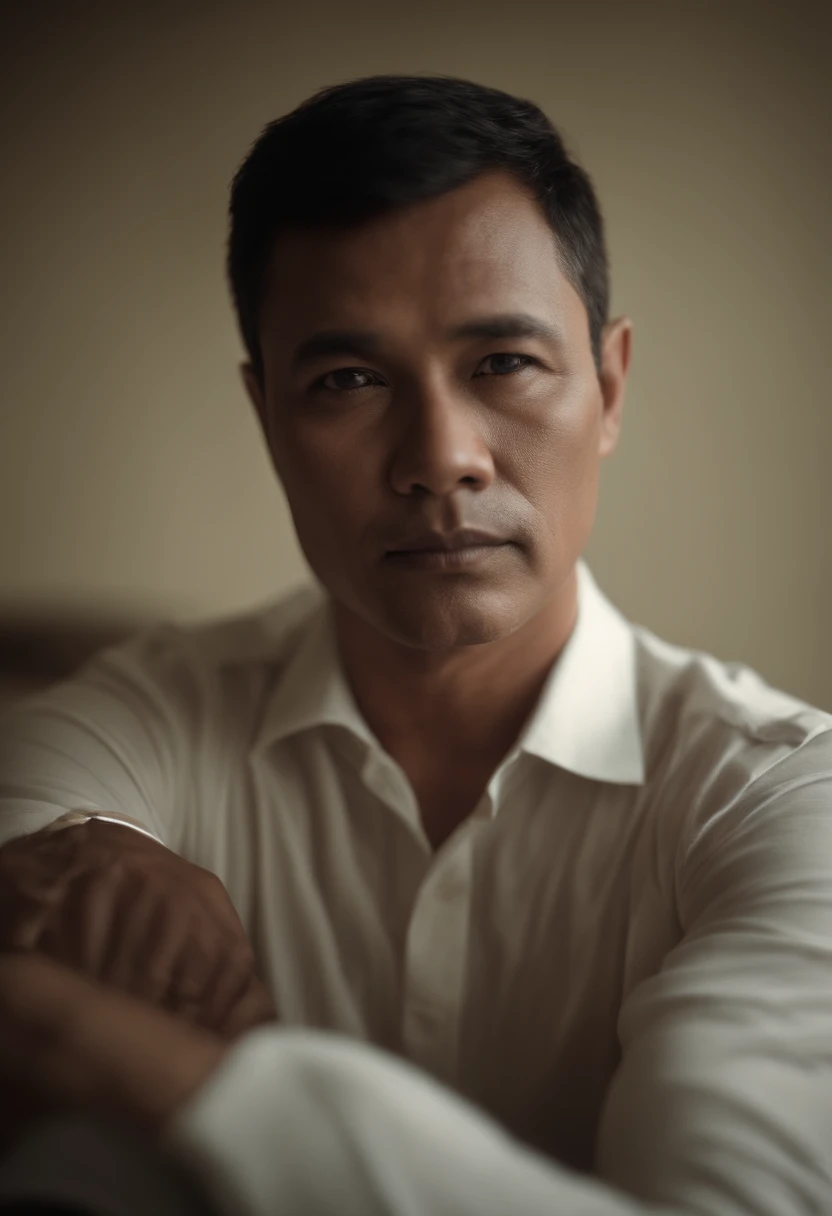 Cinematographic portrait, Indonesian fat bally man , Un homme Handom, Grand et en forme, (40 ans:1.1), (shaven:1.2), (very short brown hair :1.5),(very short hair:1.6). costume moulant noir, chemise blanche . minimalist background, Composition propre, Strong details, muted colors, Hasselblad, style brut