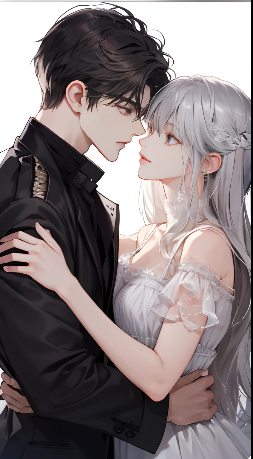 (extreamly delicate and beautiful:1.2), 8K, (tmasterpiece, best:1.0), Two male, One female, Upper body body, black-haired, silver hair, red dark hair, love triangle, 2 male 1 female - love triangle