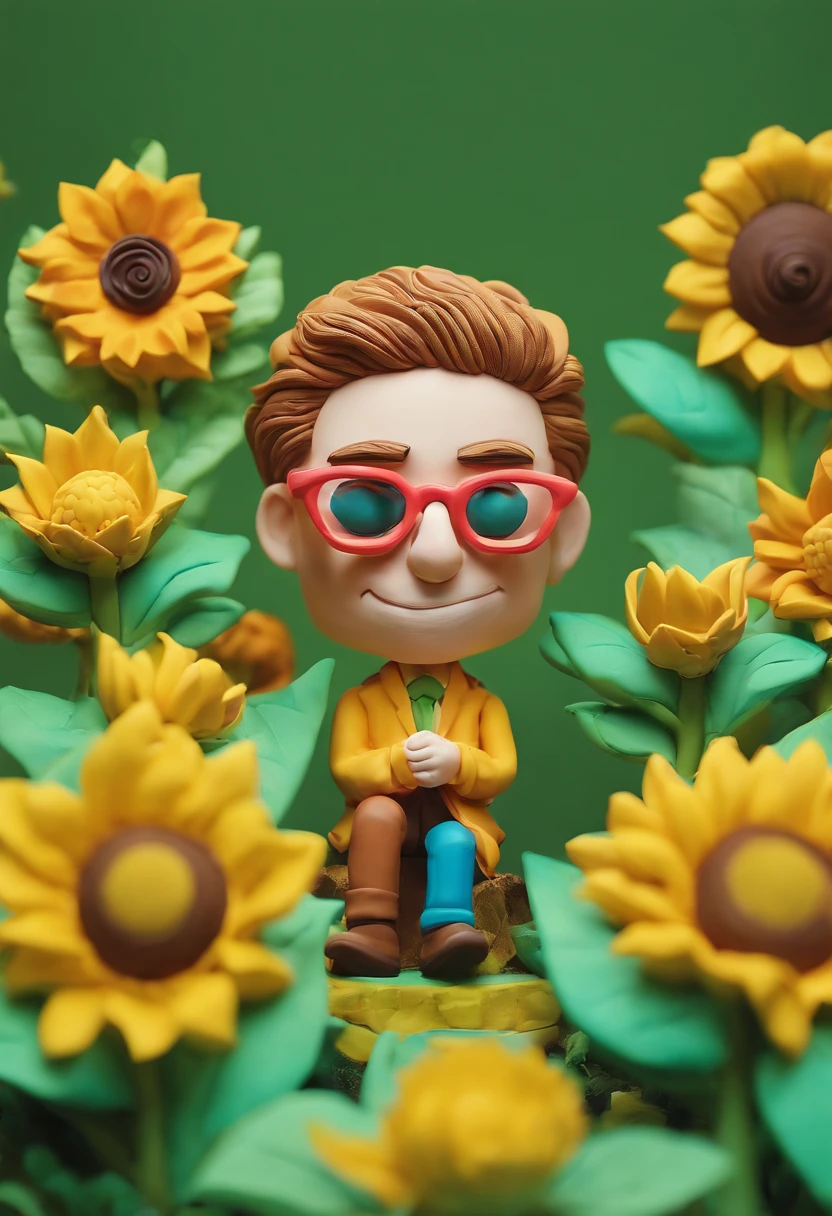 men portrait, the garden is full of sunflowers, clay material, cartoonish design style, pop mart, soft lighting, smooth lines, tilt-shift lenses, detailed science fiction illustrations, hyper-realistic details, warm color