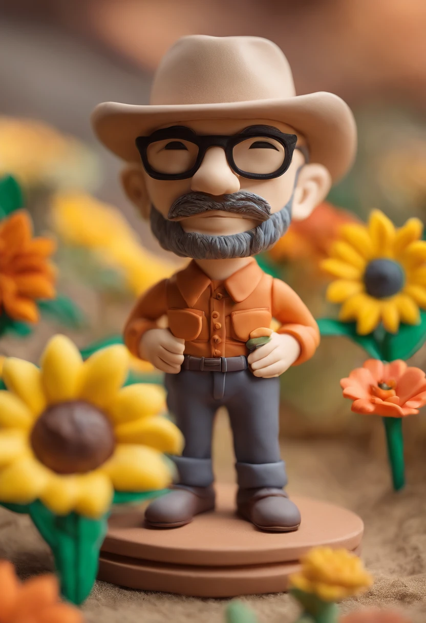 men portrait, the garden is full of sunflowers, clay material, cartoonish design style, pop mart, soft lighting, smooth lines, tilt-shift lenses, detailed science fiction illustrations, hyper-realistic details, warm color