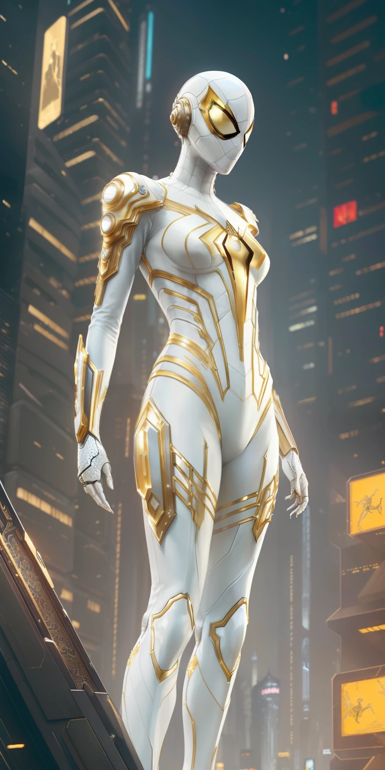 ((White and gold color,)) Spiderman, Precise details, Detailed suit, (white and gold suit), fantasy, dramatic, intricate, elegant, Highly detailed, Digital painting, art station, Concept art, Sharp soft focus, illustration , Art by Gustave Dore, octane, 4k, (cyberpunk:1.4), (only:1.4