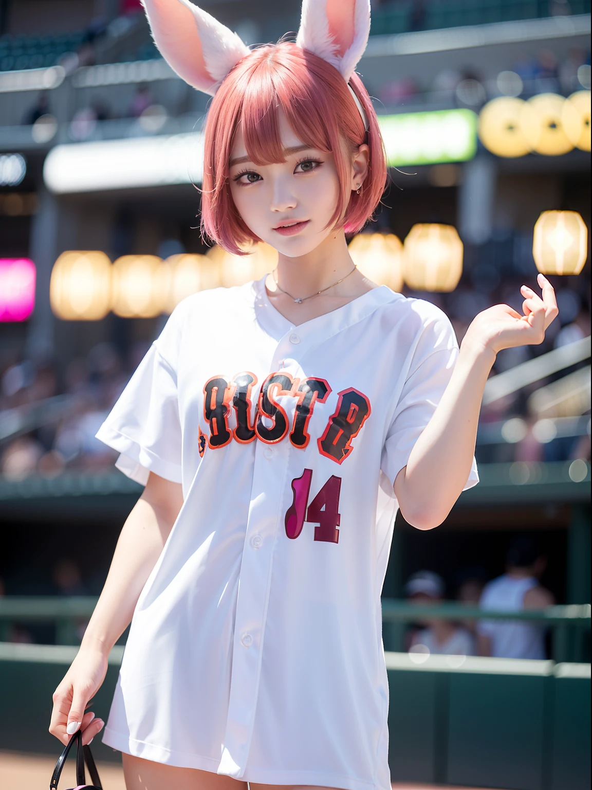 Watch MLB games、Watch a game at a baseball stadium、Baseball Day Games、salesgirl、Oversized Baseball Shirts、Hollow eyes、waking up、sleepy、Pink hair、Realistic rabbit ears、rabbit ears pink hair sticking out of the head,,,,,,,,,,,,,、smil、Bewitching atmosphere、Beautiful shaped hands、K-POP、Pink rabbit ears、1 girl in、独奏、masterpiece、top-quality、realisitic、Hyper-detailing、(Glossy skin:1.4)、absurderes、short pink hair、Slender beauties、动态照明、hight resolution、foco nítido、depth of fields、(thick thight:1.0)、A slender :1.2、small tits:1.5、((Short-cut bob hair))、((k pop:1.3))、Highly detailed facial and skin texture、((魅惑的))、Anatomically correct number of fingers、Correct anatomy、Angle from below