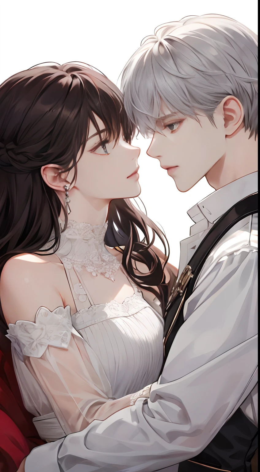 (extreamly delicate and beautiful:1.2), 8K, (tmasterpiece, best:1.0), Two male, One female, Upper body body, black-haired, silver hair, red dark hair, love triangle, 2 male 1 female - love triangle