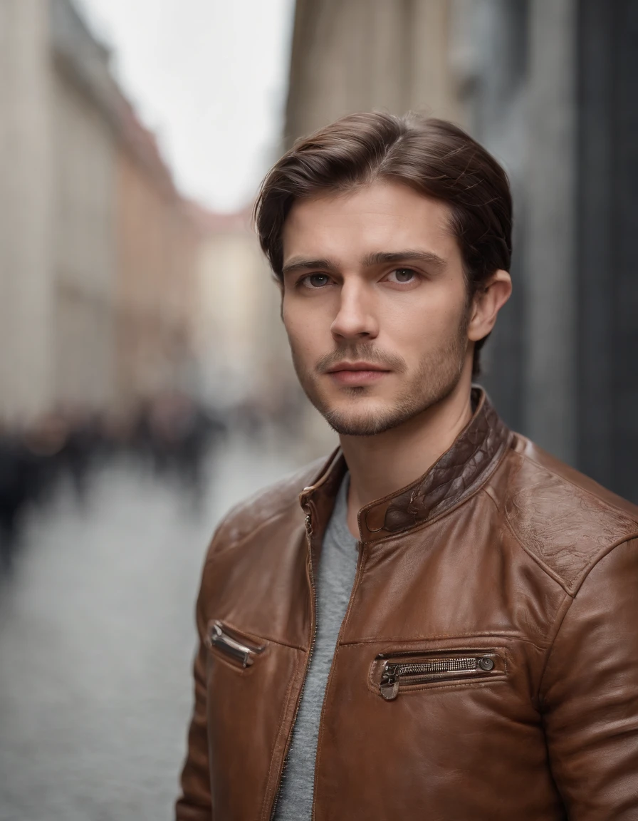 a man wearing a brown leather jacket in the style of meticulous design, andrzej sykut, uhd image, clockpunk, studio photography, website, exacting precision (facial photo)