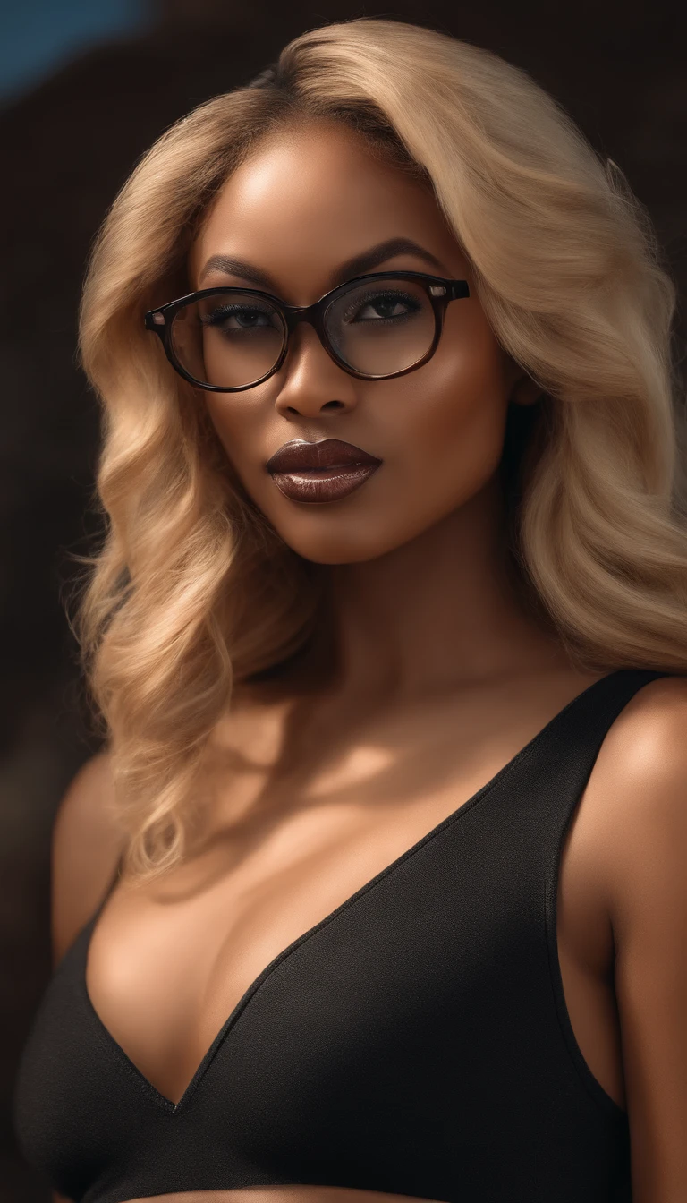 body shot of a gorgeous blonde Nigerian girl in an photoshoot, big boobs, visible, big glasses, mouth drooling, attractive, flirting, looking at viewer, detailed skin, highly detailed, diffused soft lighting, Photorealistic, Hyperrealistic, Hyperdetailed, analog style, detailed skin, matte skin, soft lighting, subsurface scattering, realistic, heavy shadow, masterpiece, best quality, ultra realistic, 8k, golden ratio, Intricate, High Detail, film photography, soft focus, detailed skin texture, (blush:0.5), (goosebumps:0.5), subsurface scattering