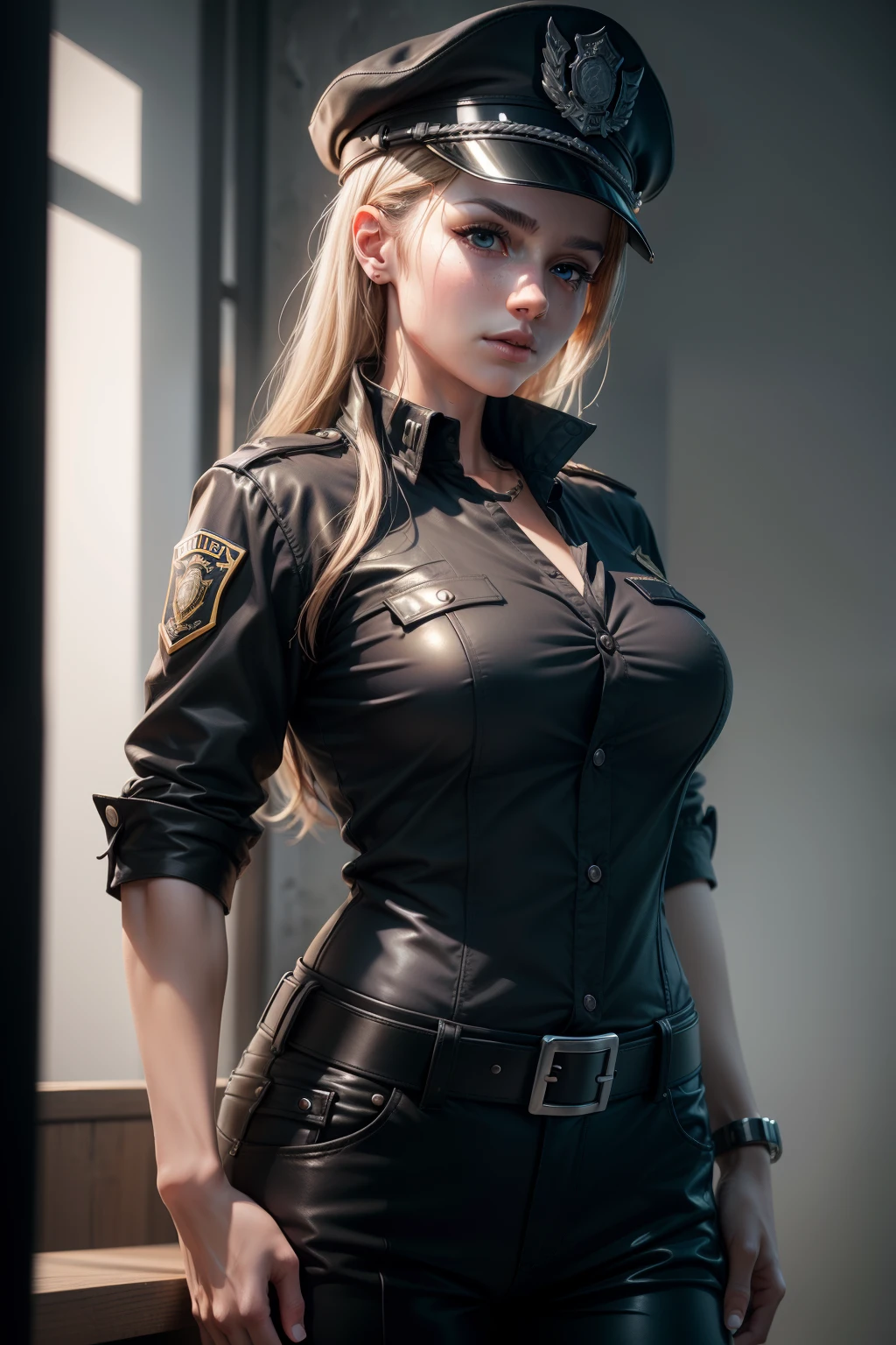 1 girl,police officer outfit,Black trousers,Black peaked cap,Black short-sleeved shirt with collar,Black tie,Black belt,handcuffs,Aviator sunglasses,(best quality,4k,8k,highres,masterpiece:1.2),ultra-detailed,(realistic,photorealistic,photo-realistic:1.37),portraits,vivid colors,studio lighting,sharp focus,physically-based rendering,extreme detail description