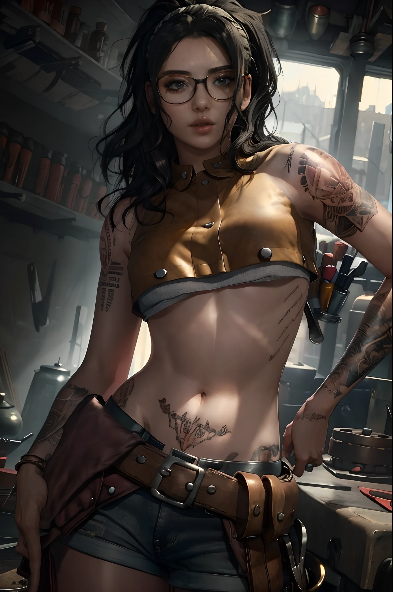 (masterpiece, best quality)
1girl, solo, black hair, navel, glasses, midriff, belt, lips, crop top, tattoo, realistic, NicoDMC