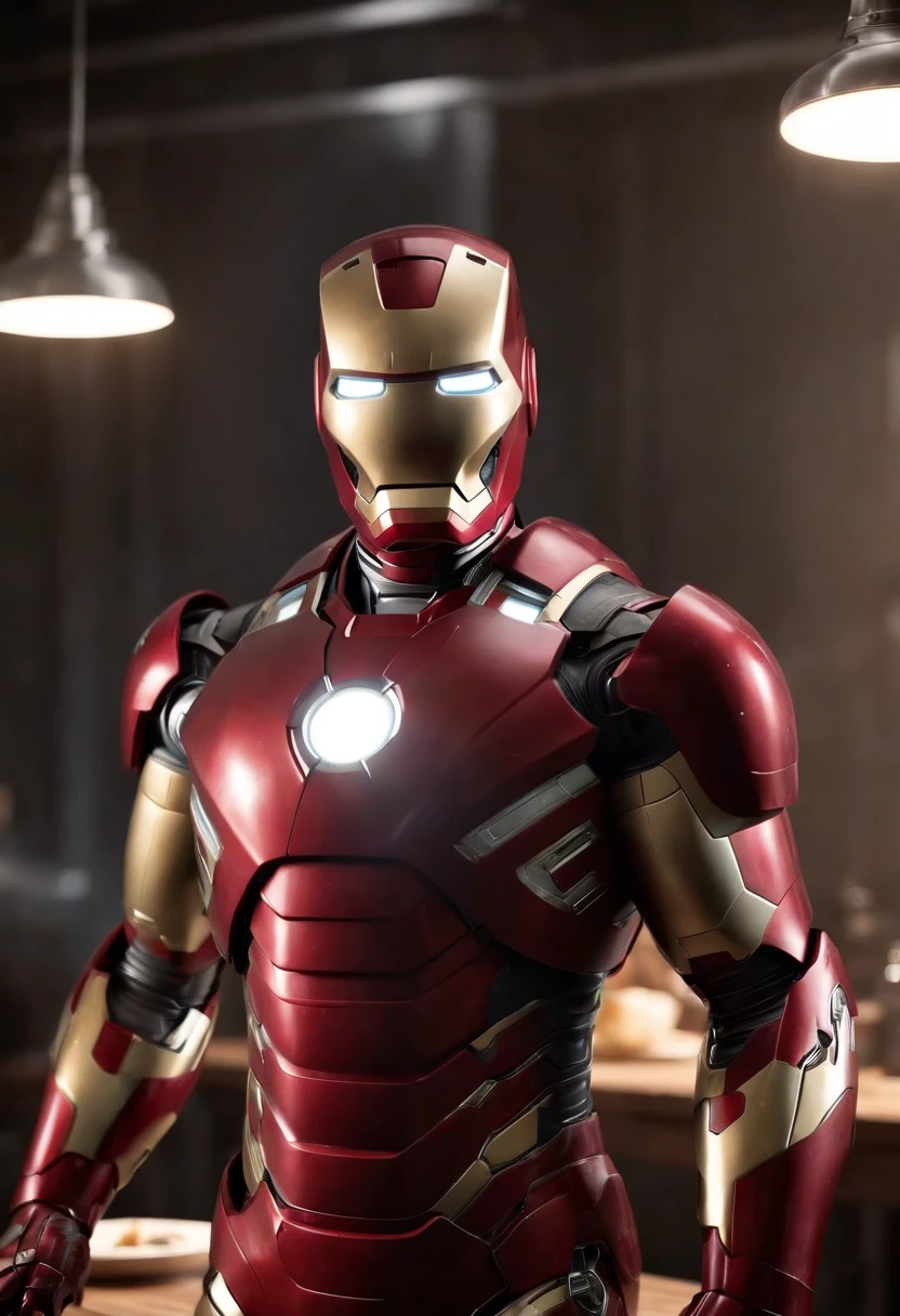 Marvel's somber half-length portrait of Iron Man behind a table with a plate of sausages, with intricate angular cybernetic implants within a futuristic kitchen, cyberpunk, Foto premiada, Neon lights, cybernetic limb, obra maestra, UHD, 32K, ultrarrealista, HQ 4K, Renderizado en Unreal Engine 4K HQ, Renderizado en Unreal Engine 4K HQ, Arte conceptual 4K e hiperrealismo, Renderizado 4K detallado, Ironman, ArtStation 4K, Renderizado 4K de alto detalle, Tendencias 4K en la sede de ArtStation, Extremadamente fotorrealista