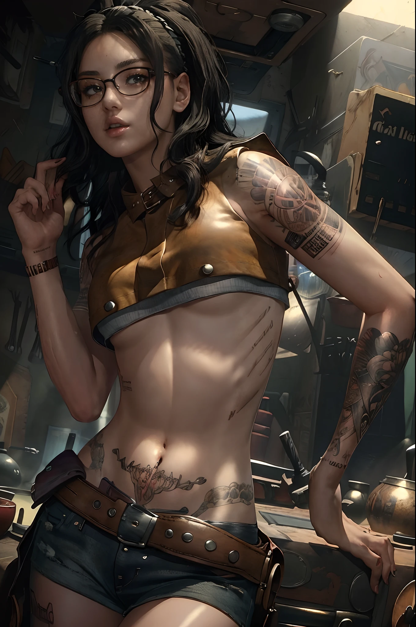 (masterpiece, best quality)
1girl, solo, black hair, navel, glasses, midriff, belt, lips, crop top, tattoo, realistic, NicoDMC