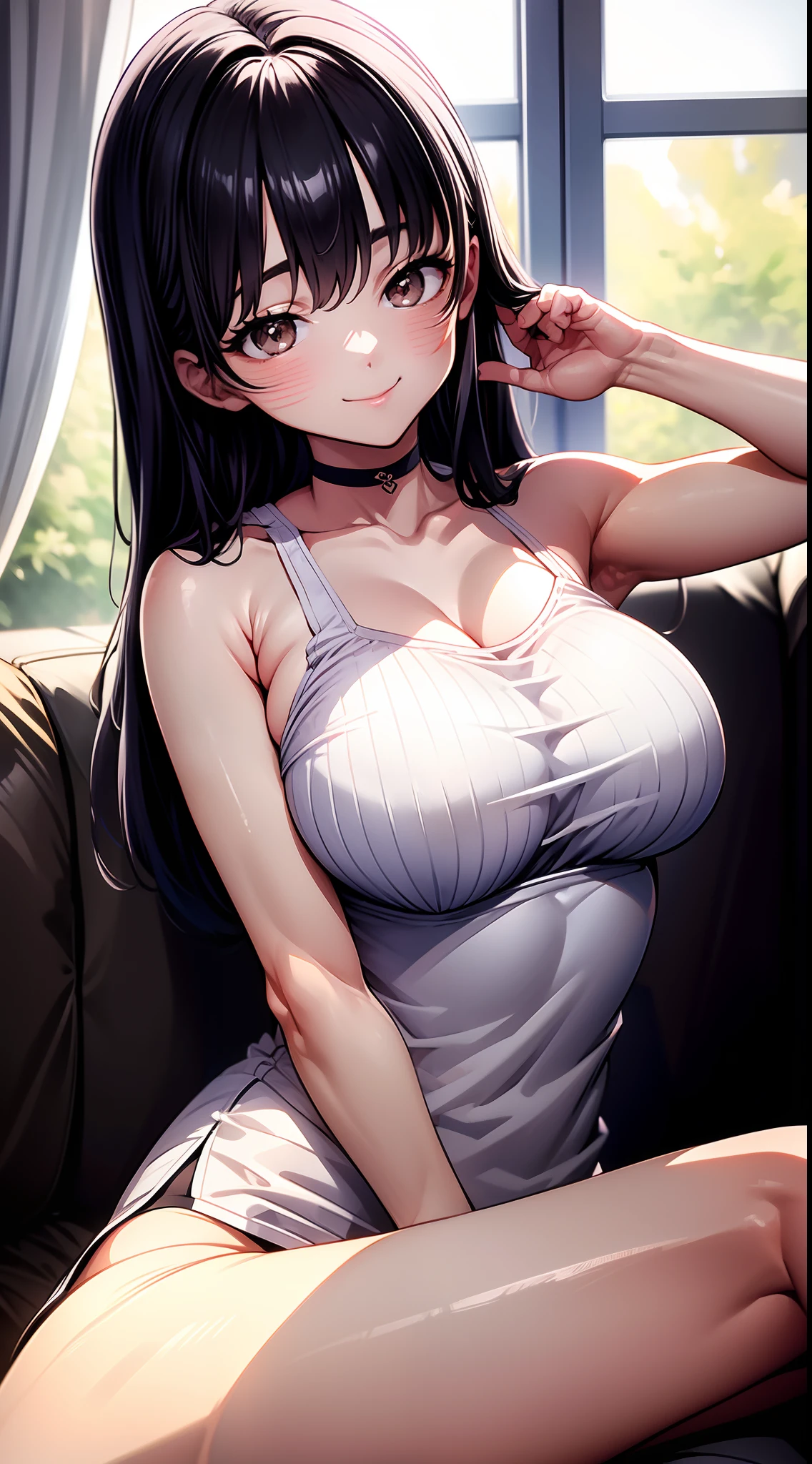 8k, highres, ultra detailed, (masterpiece:1.4), best quality, symmetrical body, (white cotton camisole:1.4), (black short with white stripe:1.4), choker, cute, solo, long hair, dark purple hair, Brown eyes, glow effect, finely eye, wide smile, detailed face, looking at viewer, smilling at viewer, saloon, on the sofa, angled view, big breasts