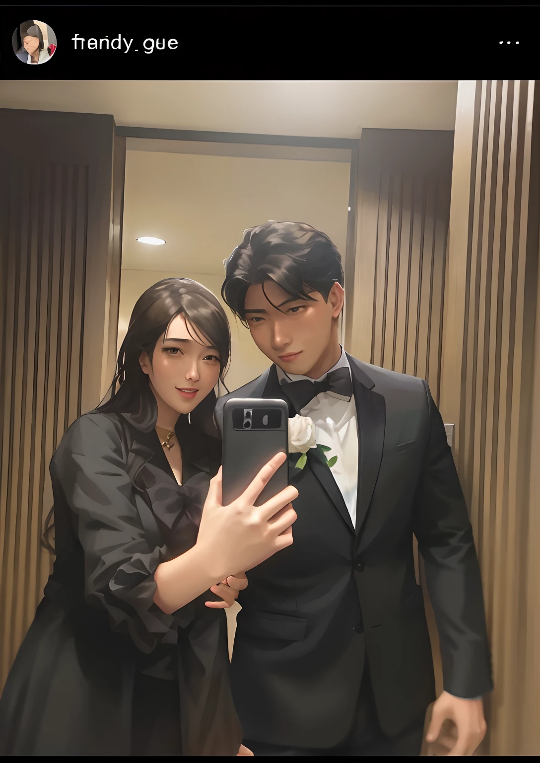 anime style, there is a man and woman taking a selfie in a mirror, lovely couple, with her long, formal attire, wearing tuxedo, wearing suits!, ruan jia and brom, formal wear, suit and tie, jordan grimmer and natasha tan, wearing a tuxedo, with ivy, tyler edlin and natasha tan, 😭🤮 💔, with long, night!