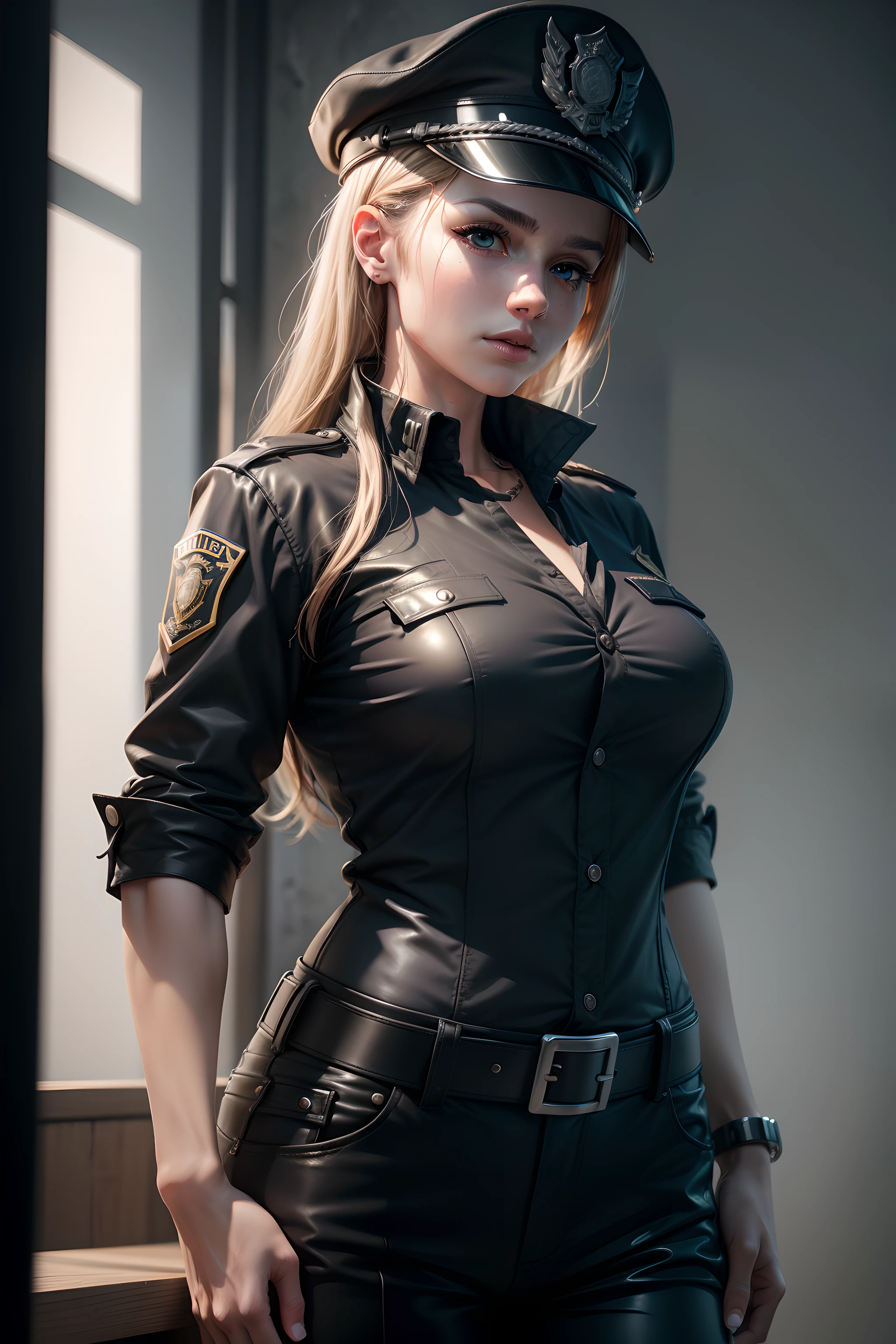 1 girl,police officer outfit,Black trousers,Black peaked cap,Black short-sleeved shirt with collar,Black tie,Black belt,handcuffs,Aviator sunglasses,(best quality,4k,8k,highres,masterpiece:1.2),ultra-detailed,(realistic,photorealistic,photo-realistic:1.37),portraits,vivid colors,studio lighting,sharp focus,physically-based rendering,extreme detail description