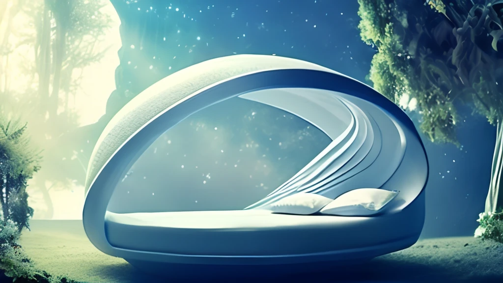 A conventional bed in a fantastic world with beautiful alien nature, en el cielo se ven varias lunas, estrellas y galaxias, la imagen inspira paz y alegria