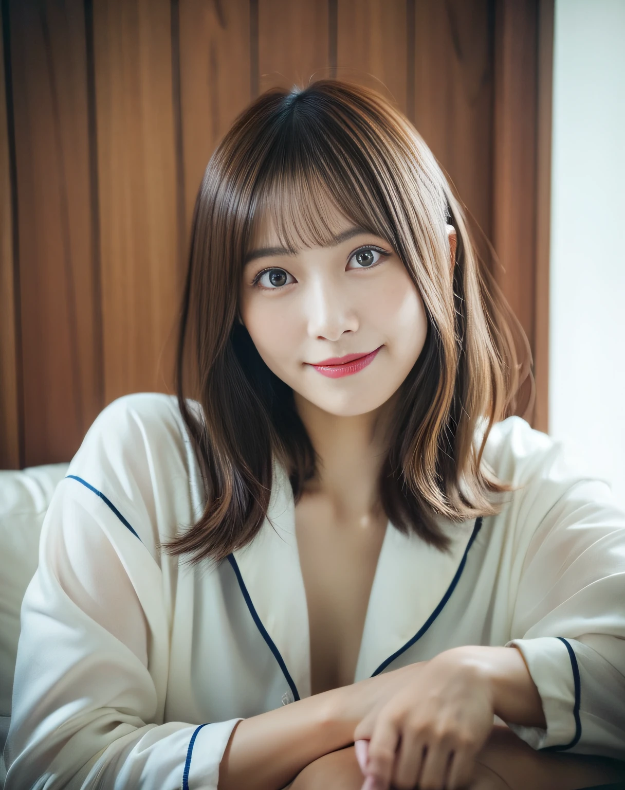 Wearing sexy pajamas, Graceful figure, Coquettish, Study room, sofa, Random captivating moves, Facing the camera, Imaginative, First love、Sleepy face、Japan Person Model、Young Sensual Gravure Idol、Young cute gravure idol、Realistic Young Gravure Idol、Realistic sensual gravure idol、Young gravure idols、sophisticated gravure idol、奈良美智、Young skinny gravure idol、beautifull asian girl ever、Toothless smile、full body Esbian、Pretty women、(dark brown hair)、hyperdetailed face、A detailed eye、二重まぶた、blured background、(4K、RAW Photos、top-quality、masters:1.2)、(reallistic、Photorealsitic:1.37)、cute little