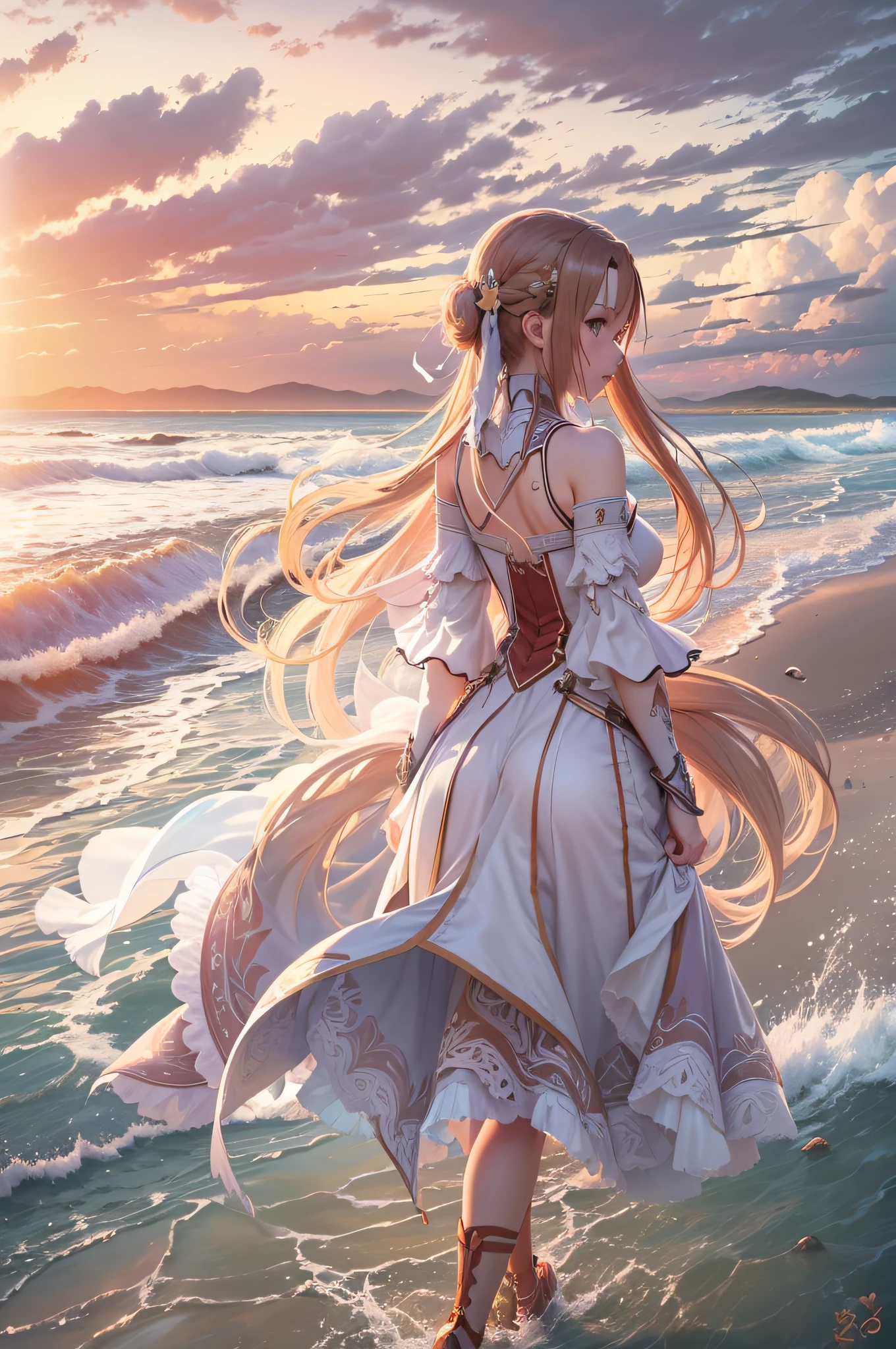 seashore, sunrise clouds, sword art online, asuna with white Tie Back Dress, back view, 8K, high detail, hyper quality, high resolution, 8k smooth, scenery shot, 8K, high detail, hyper quality, high resolution, 8k smooth, scenery shot, ultra wide shot, Aspect ratio 16:9 wallpaper, Resolution 3840×2160, isometric view
